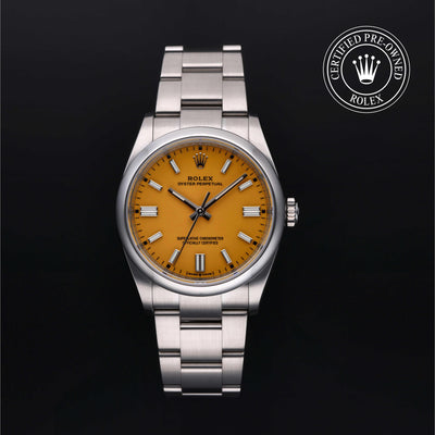Rolex Certified Pre-owned Oyster Perpetual M126000-0004 front on black background