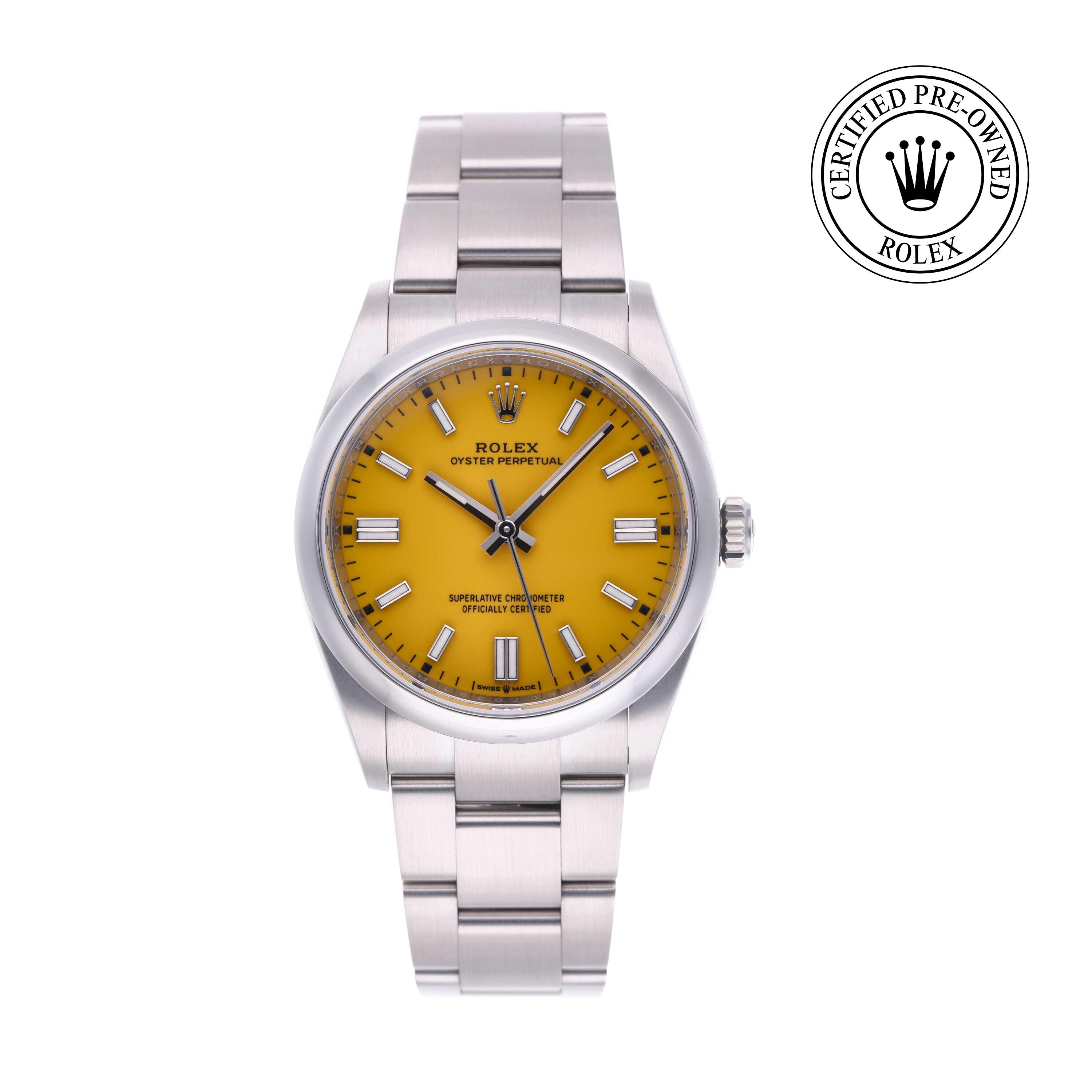 Rolex Certified Pre-owned Oyster Perpetual M126000-0004 front on white background