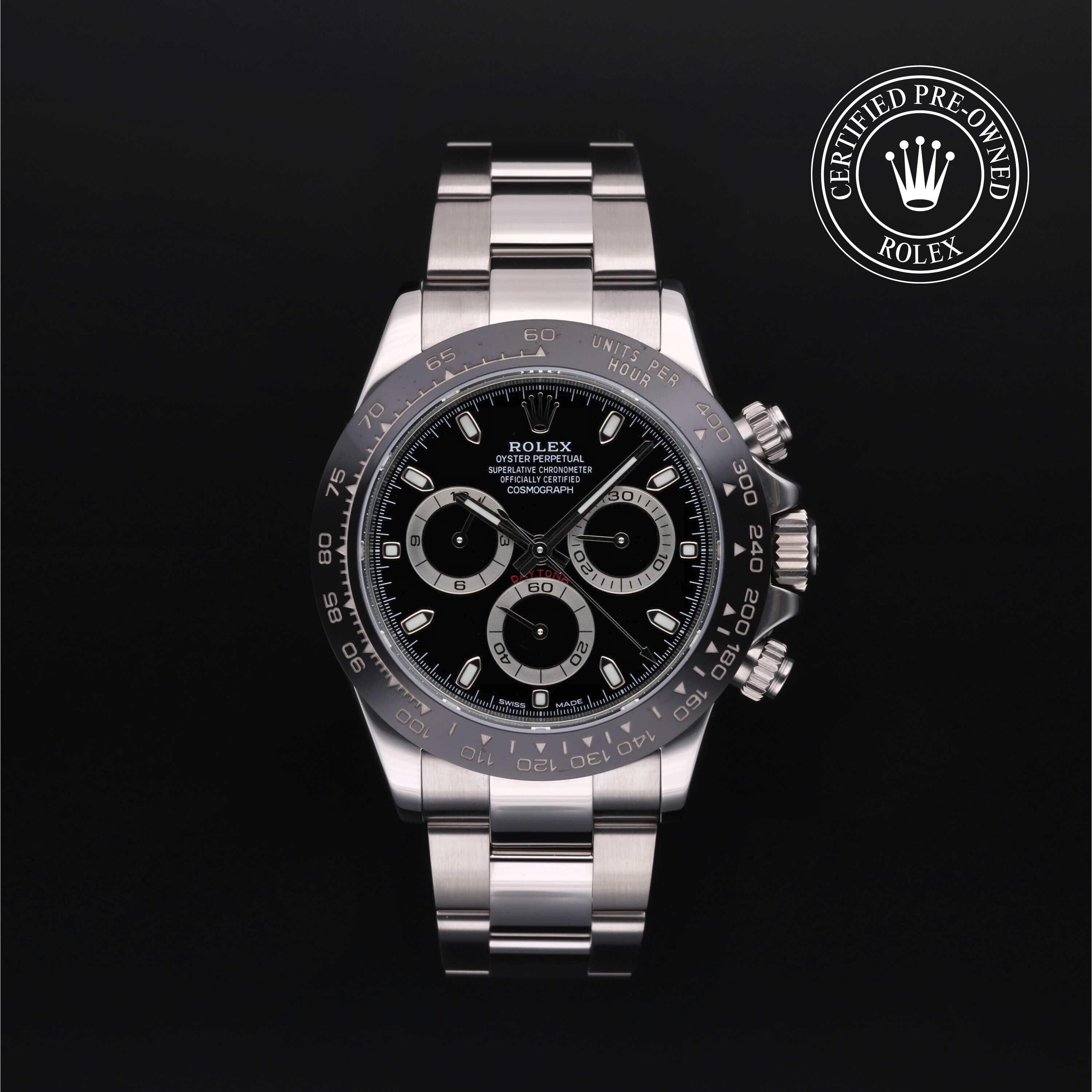 Rolex CPO Daytona M116500LN front on white background
