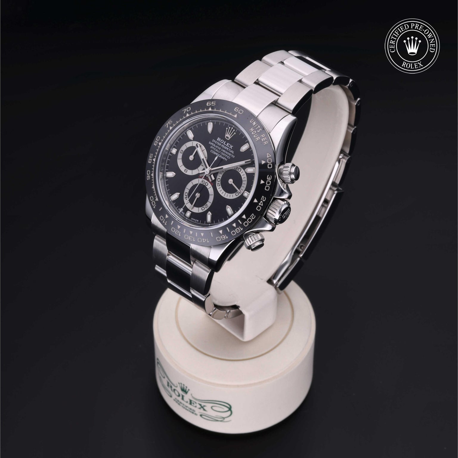 Rolex CPO Daytona M116500LN front on white background
