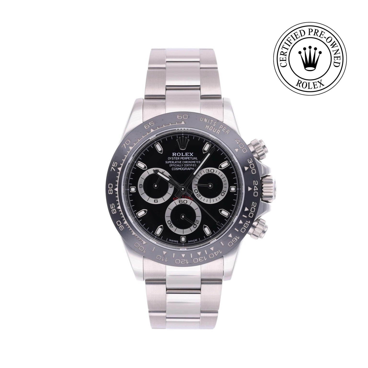 Rolex CPO Daytona M116500LN front on white background