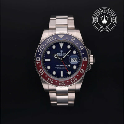 Rolex Certified Pre-owned GMT M116719BLRO-0002 front on black background