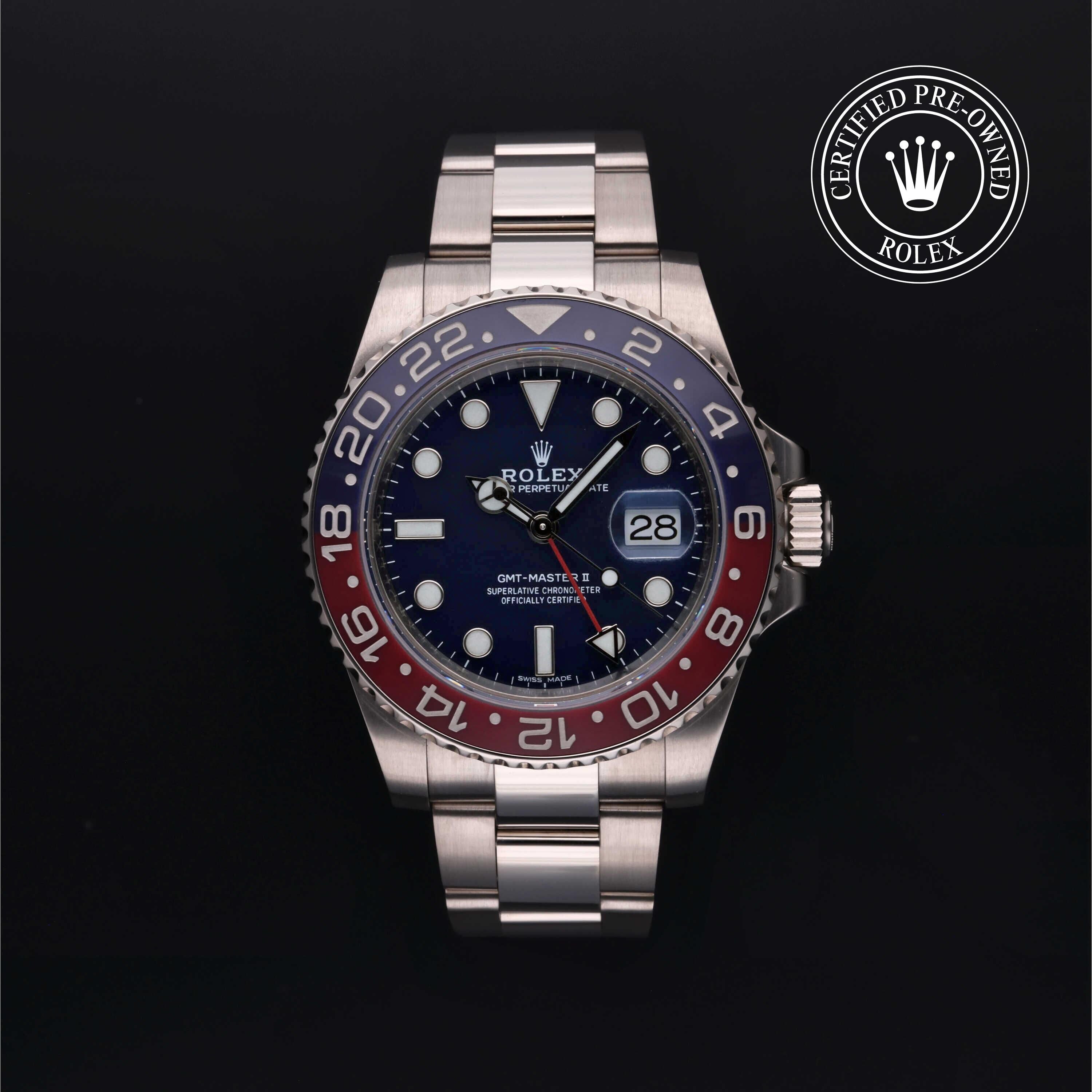 Rolex Certified Pre-owned GMT M116719BLRO-0002 front on black background