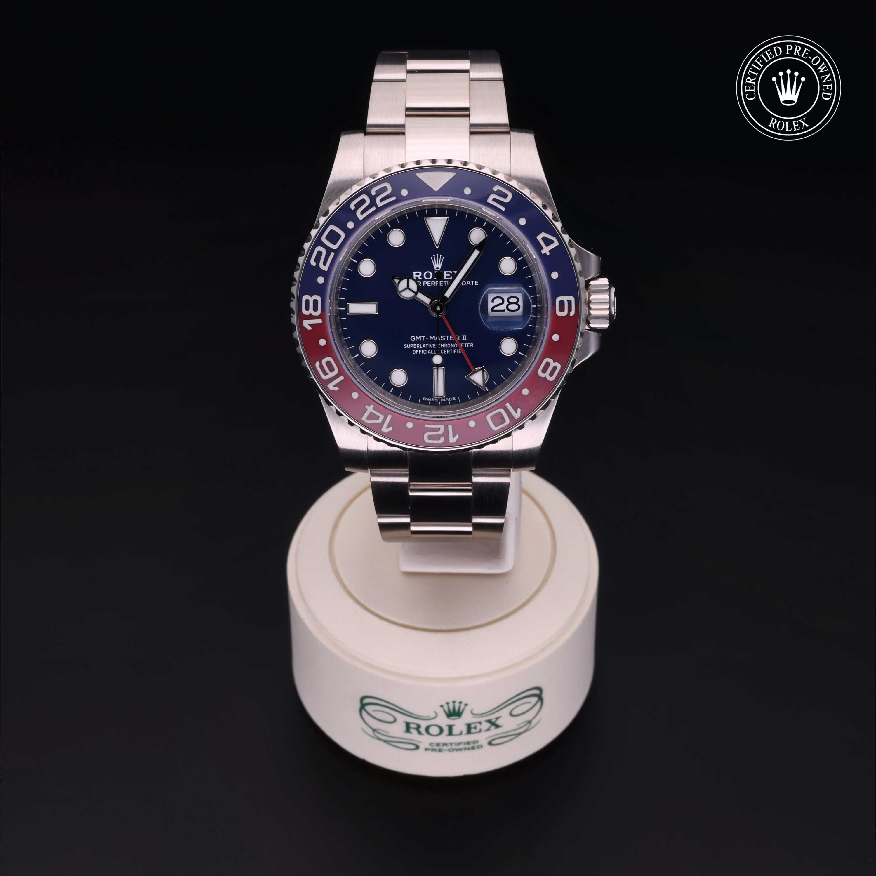 Rolex Certified Pre-owned GMT M116719BLRO-0002 front on black background