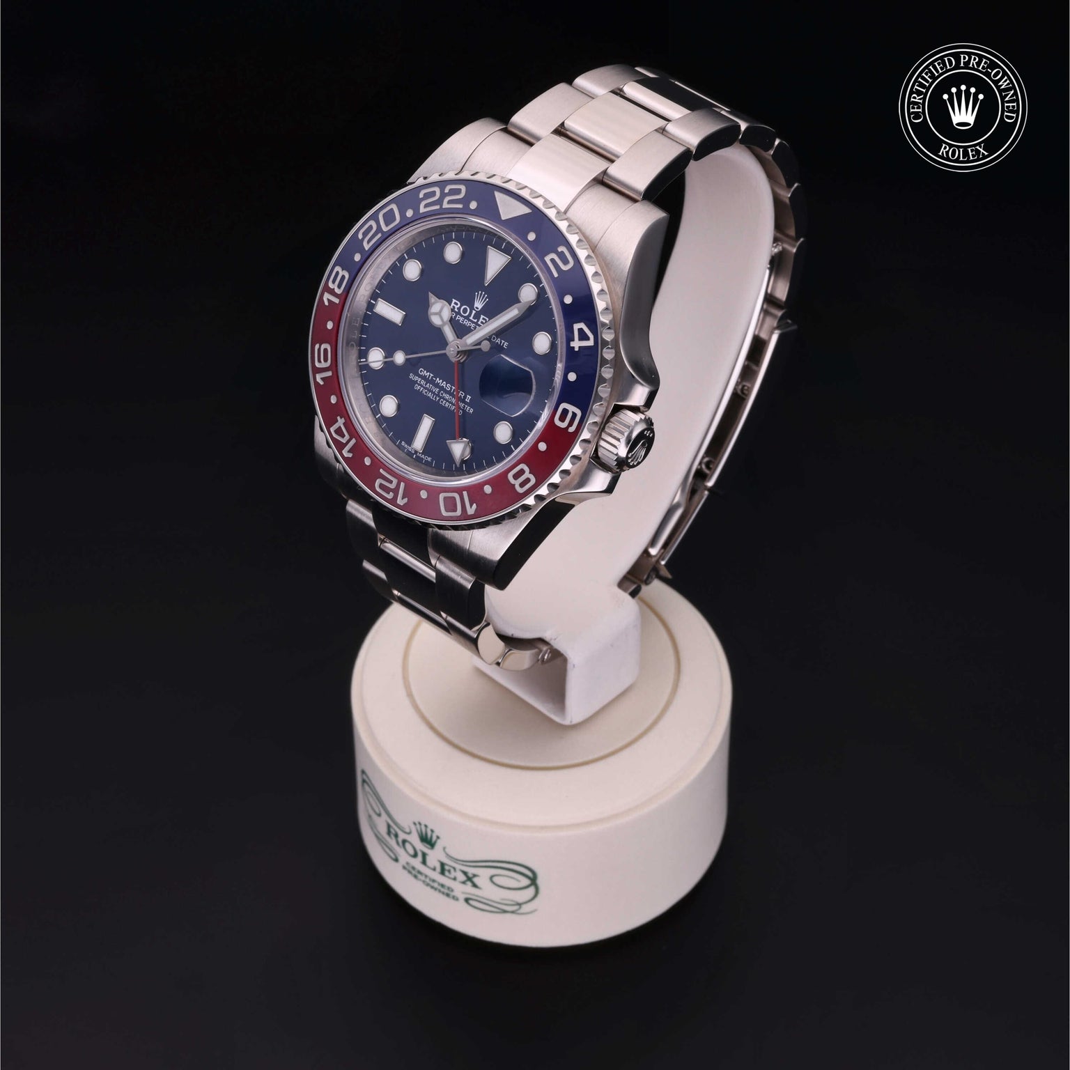 Rolex Certified Pre-owned GMT M116719BLRO-0002 front on black background