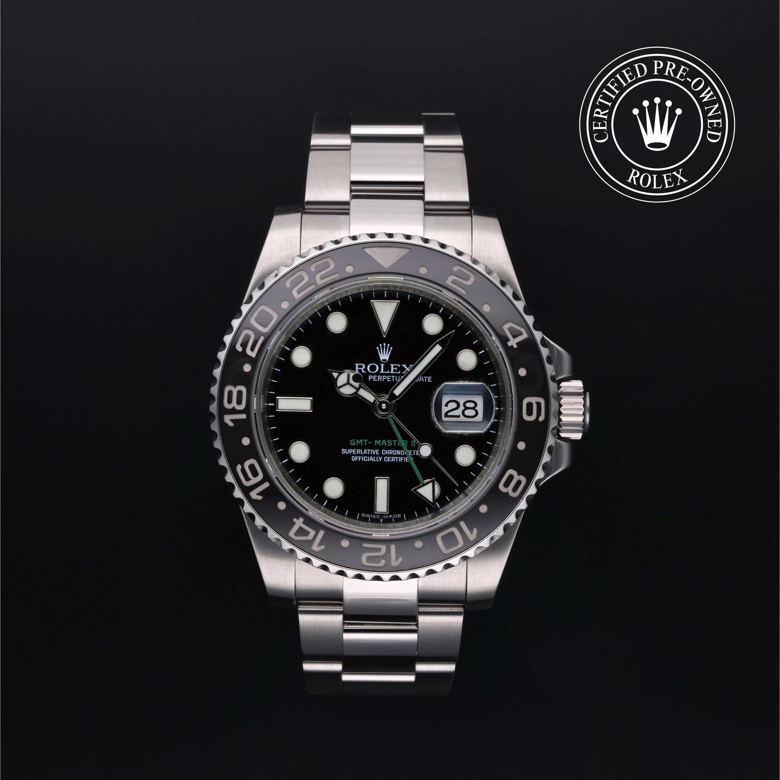 Rolex Certified Pre-owned GMT M116710LN-0001 front on black background