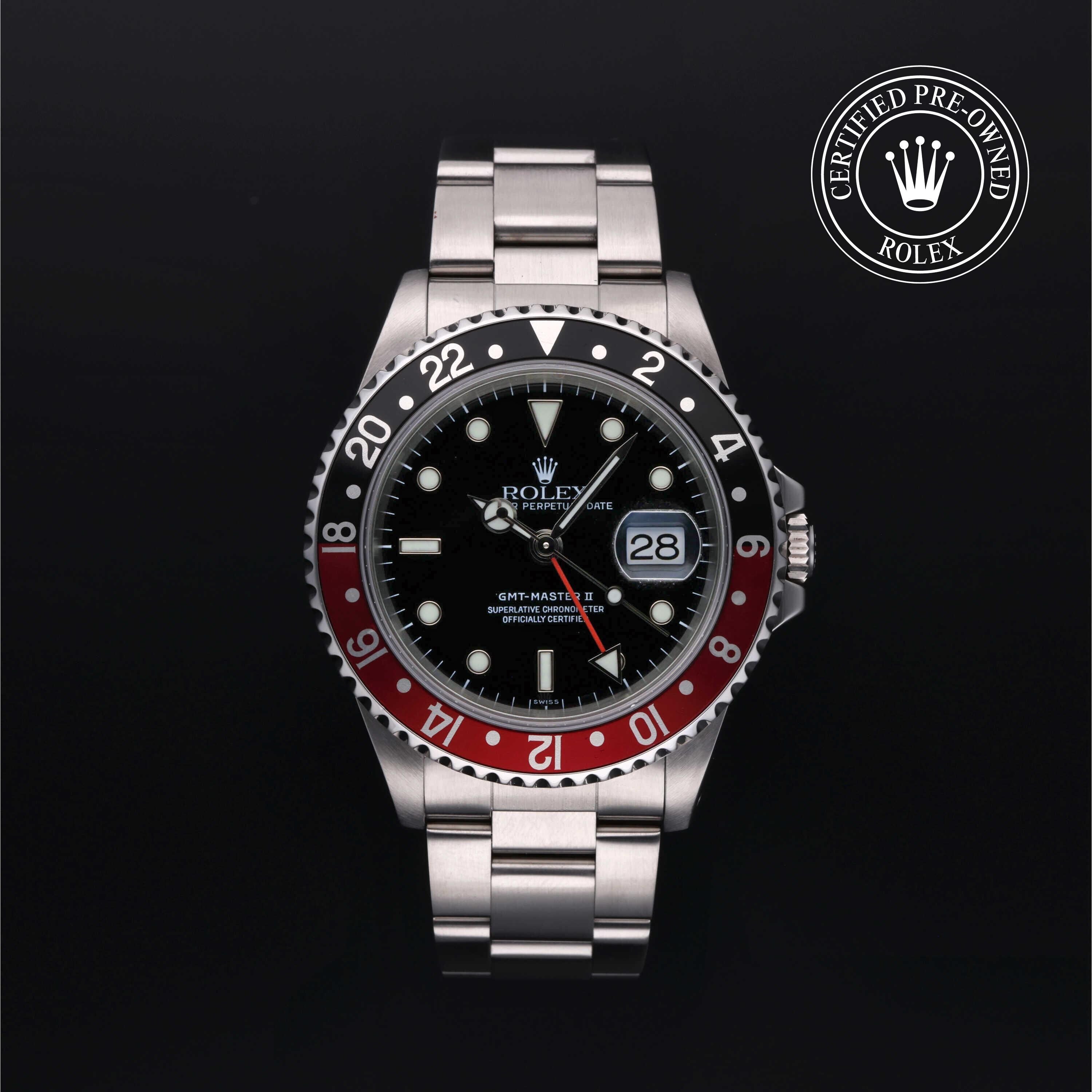 Rolex Certified Pre-owned GMT M16710-0005 front on black background