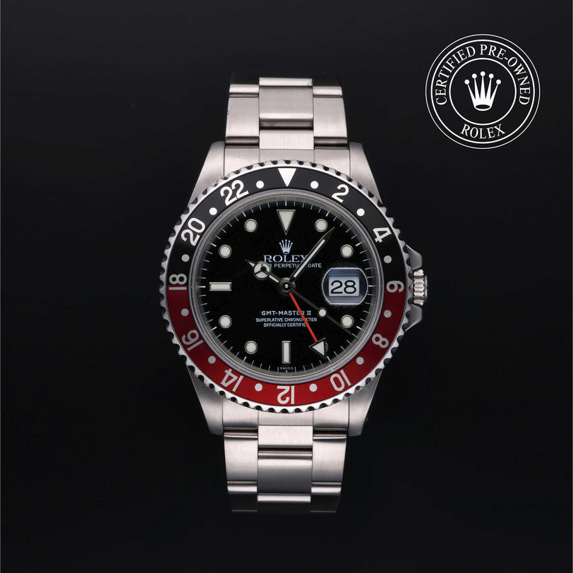 Rolex Certified Pre-owned GMT M16710-0005 front on black background