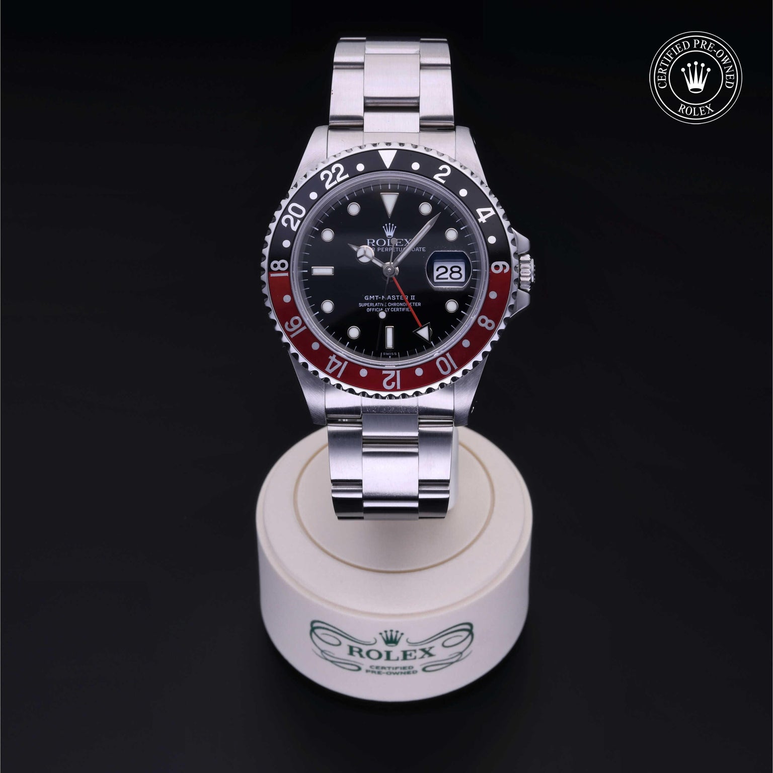 Rolex Certified Pre-owned GMT M16710-0005 front on black background