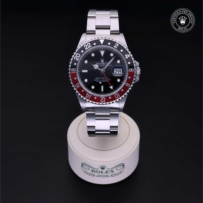 Rolex Certified Pre-owned GMT M16710-0005 front on black background