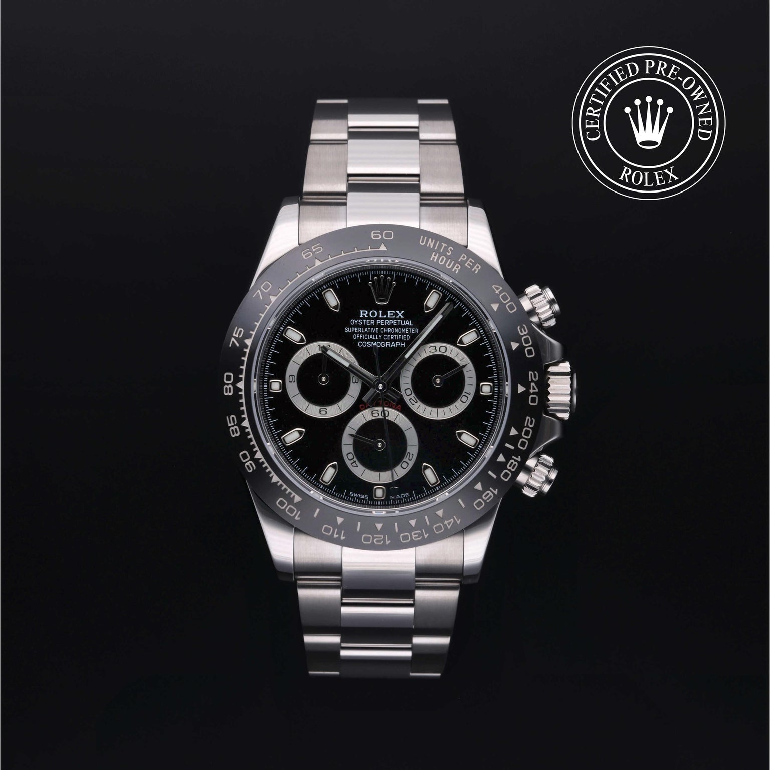 Rolex Certified Pre-owned Daytona M116500LN-0002 front on black background