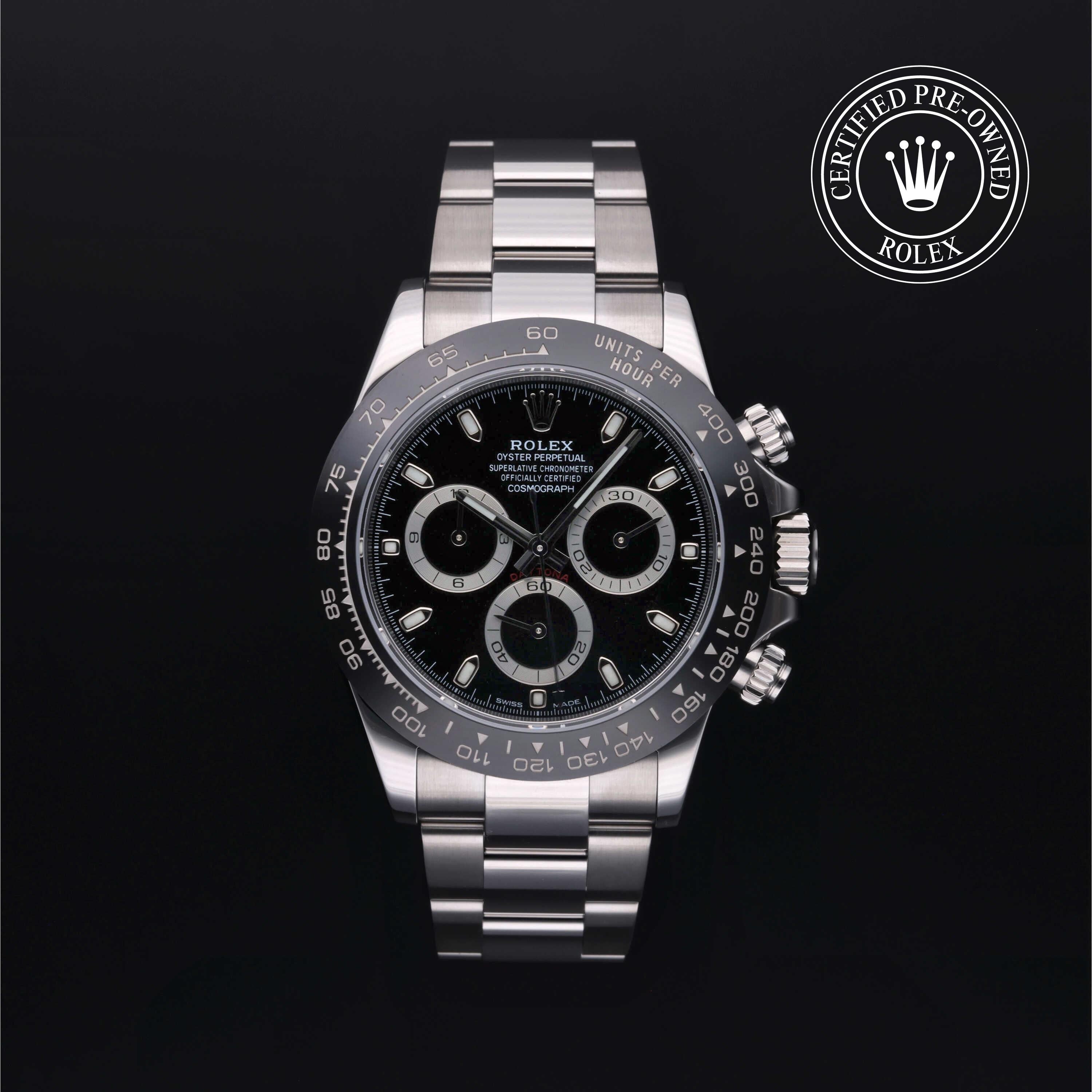 Rolex Certified Pre-owned Daytona M116500LN-0002 front on black background