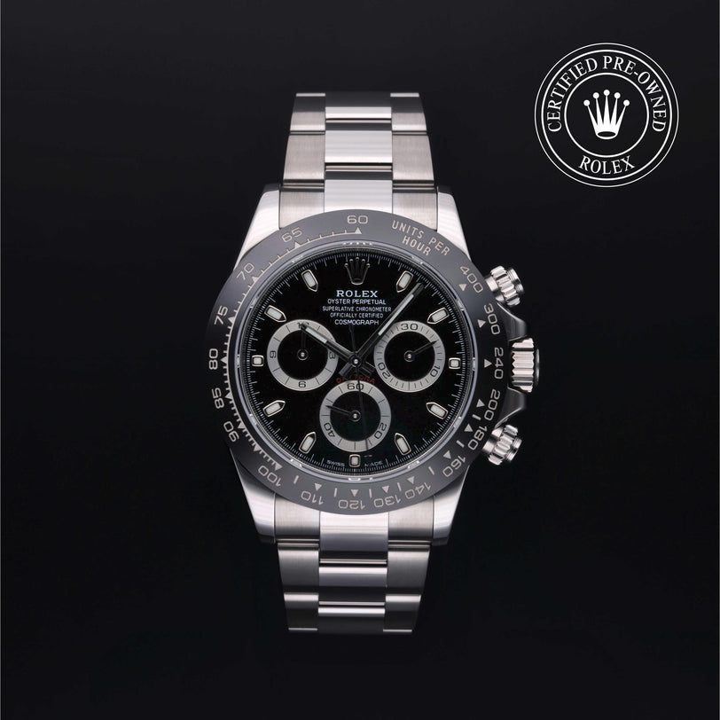 Rolex Certified Pre-owned Daytona M116500LN-0002 front on black background