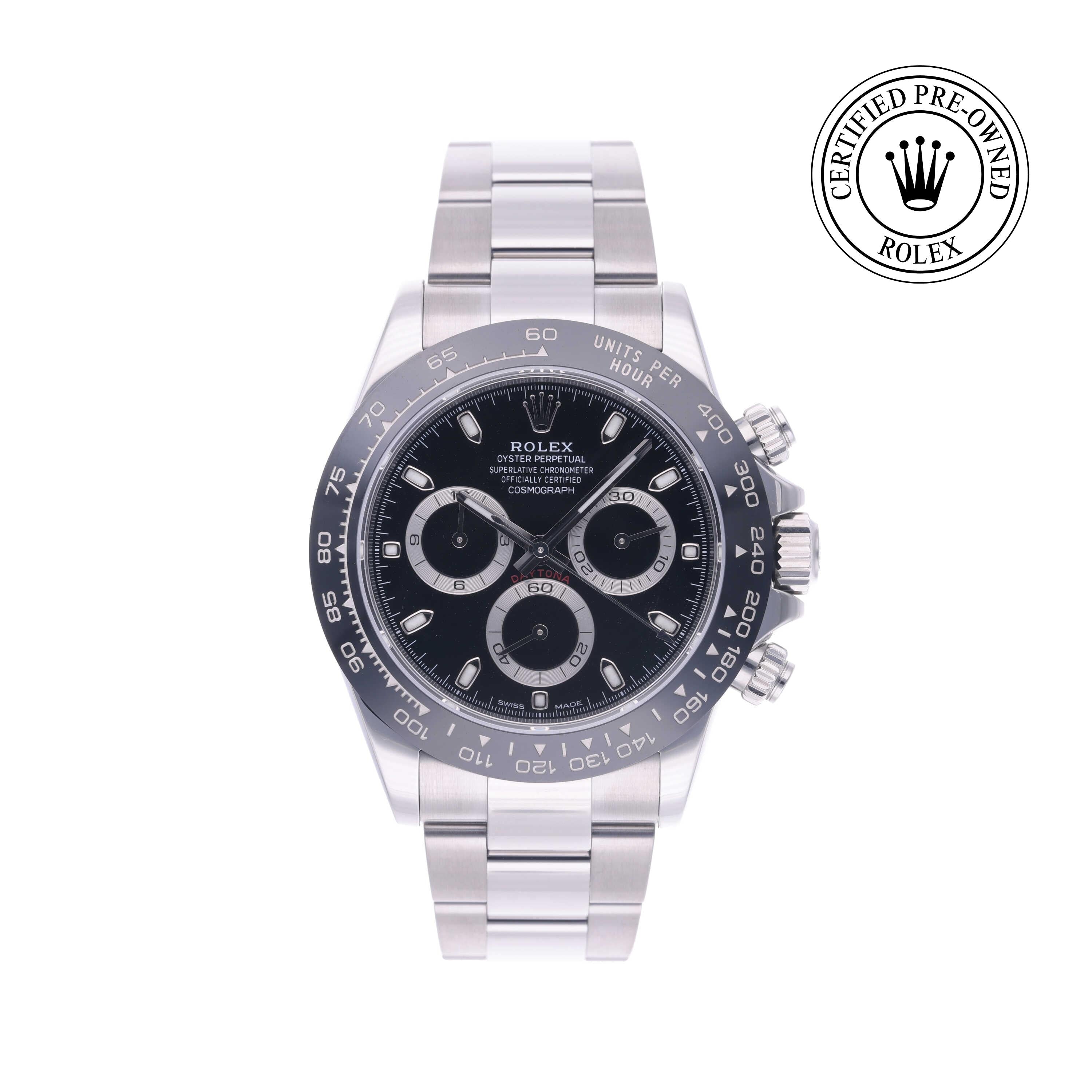 Rolex Certified Pre-owned Daytona M116500LN-0002 front on white background