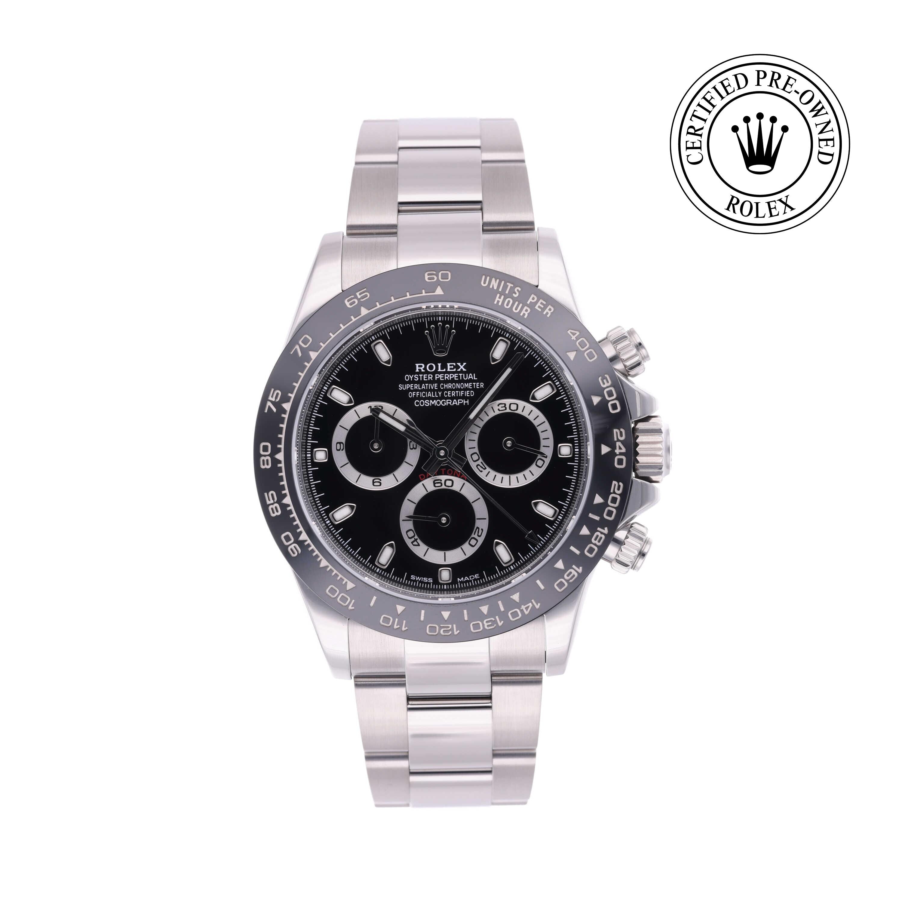 Rolex Certified Pre-owned Daytona M116500LN-0002 front on white background
