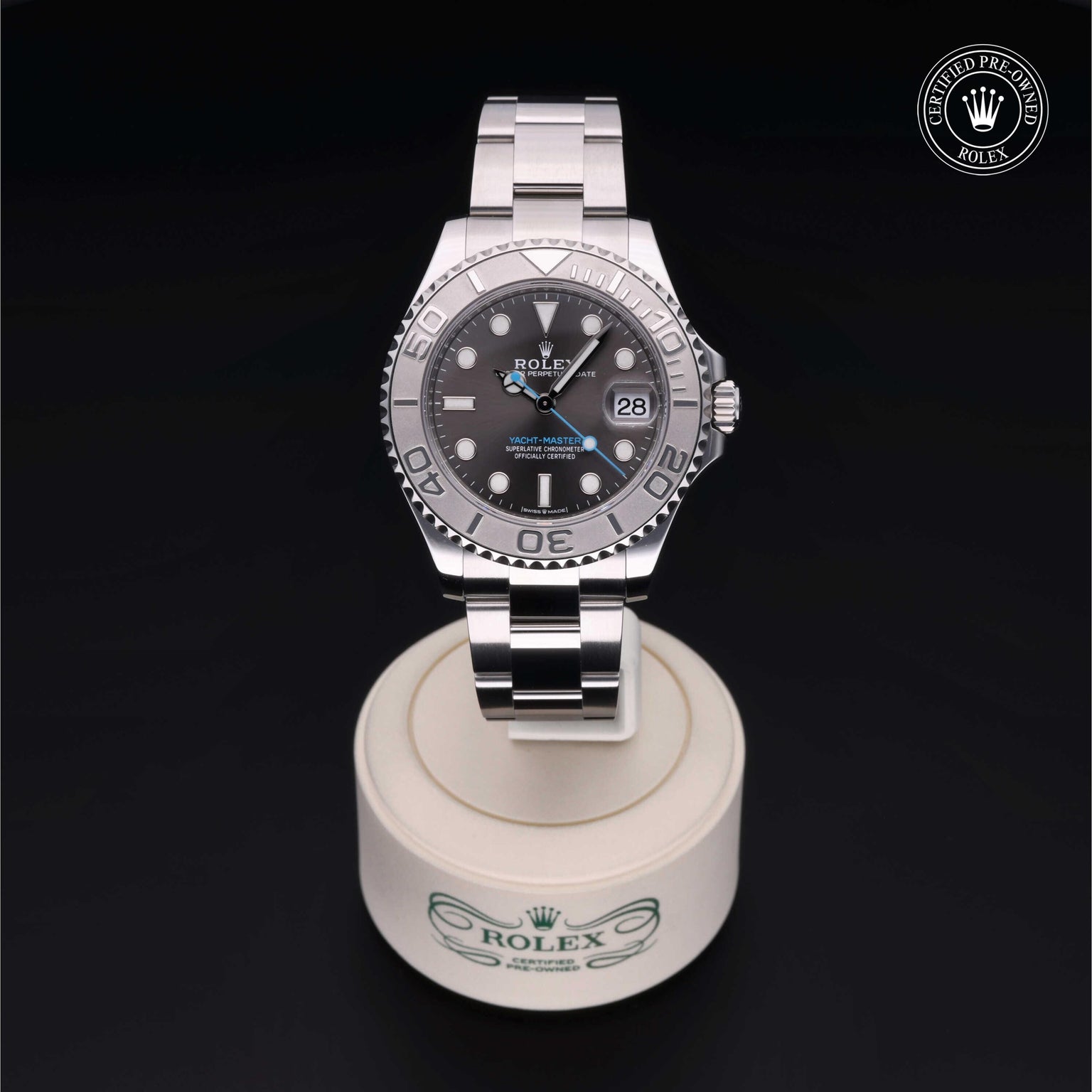 Rolex Certified Pre-owned Yacht-Master M268622-0002 front on black background