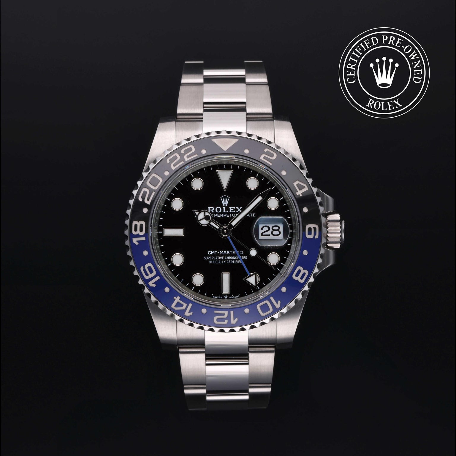 Rolex Certified Pre-owned GMT M126710BLNR-0003 front on black background