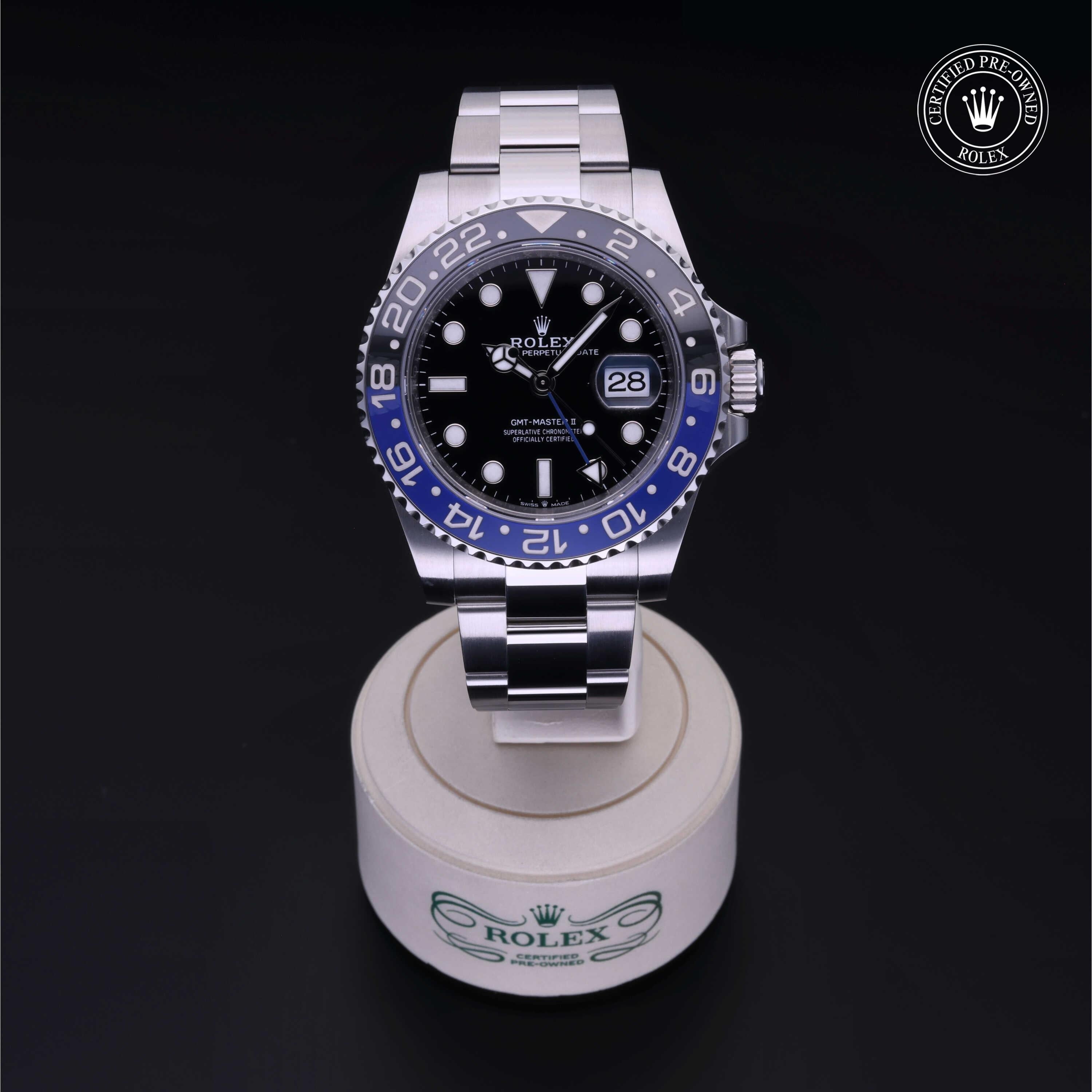 Rolex Certified Pre-owned GMT M126710BLNR-0003 front on black background