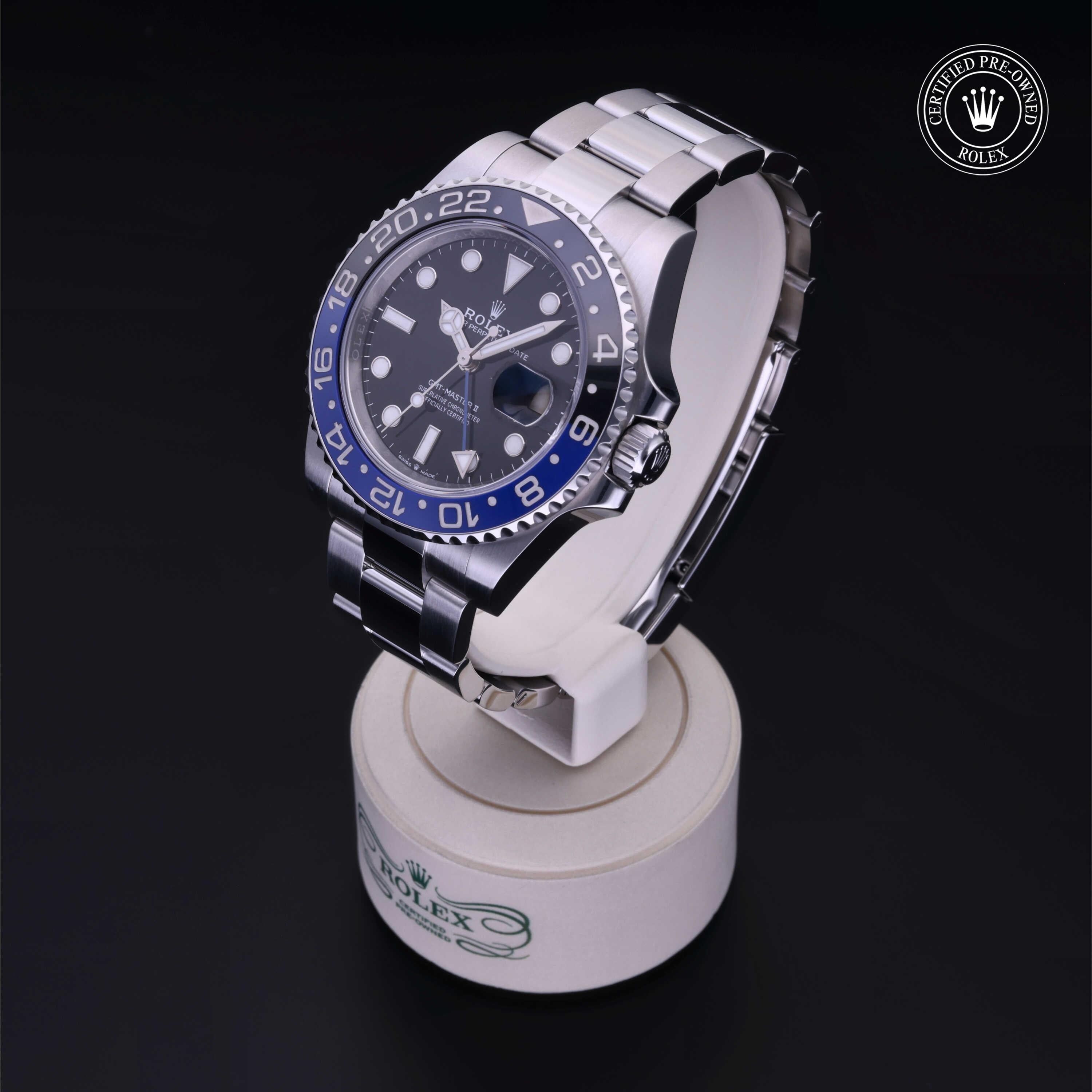 Rolex Certified Pre-owned GMT M126710BLNR-0003 front on black background