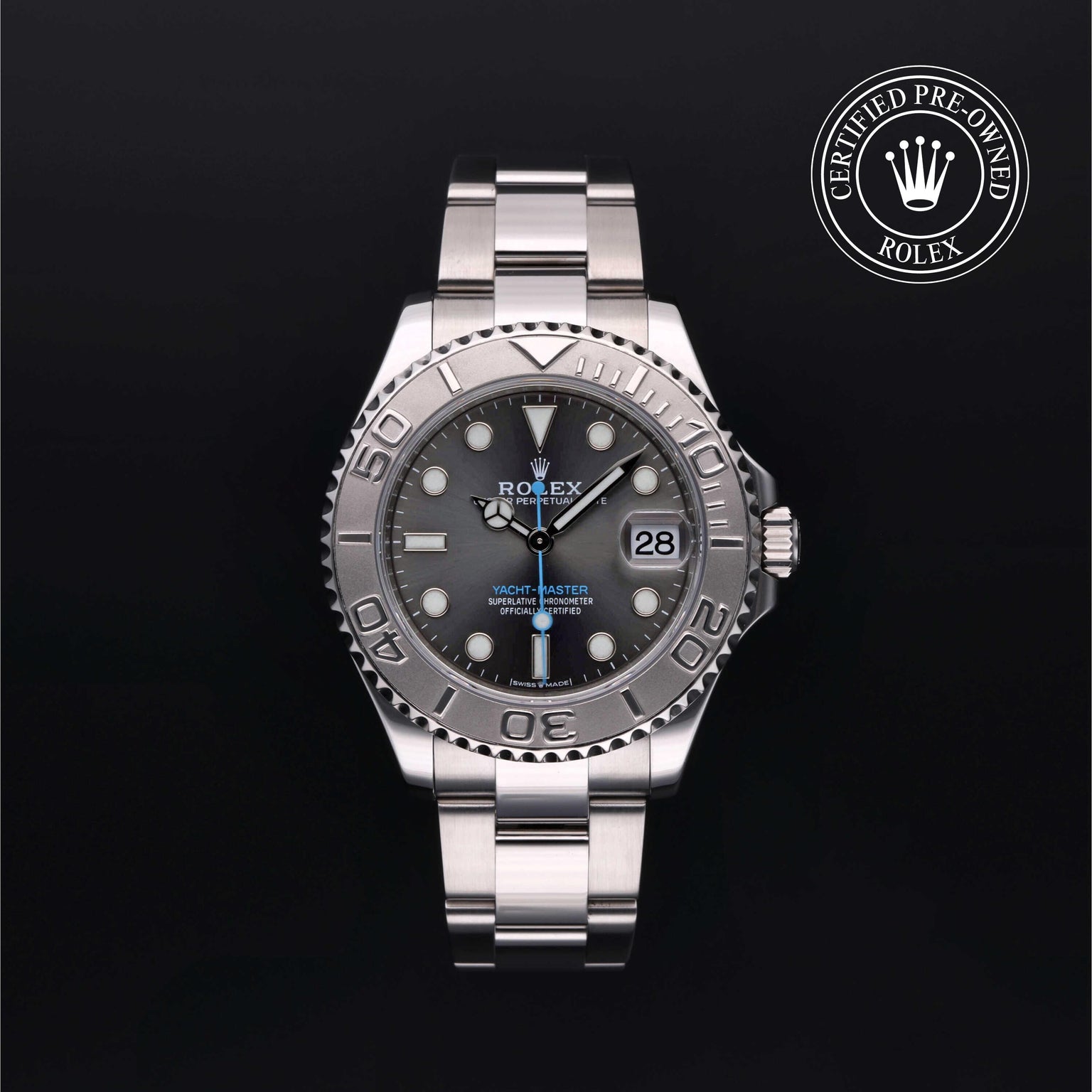 Rolex Certified Pre-owned Yacht-Master M268622-0002 front on black background
