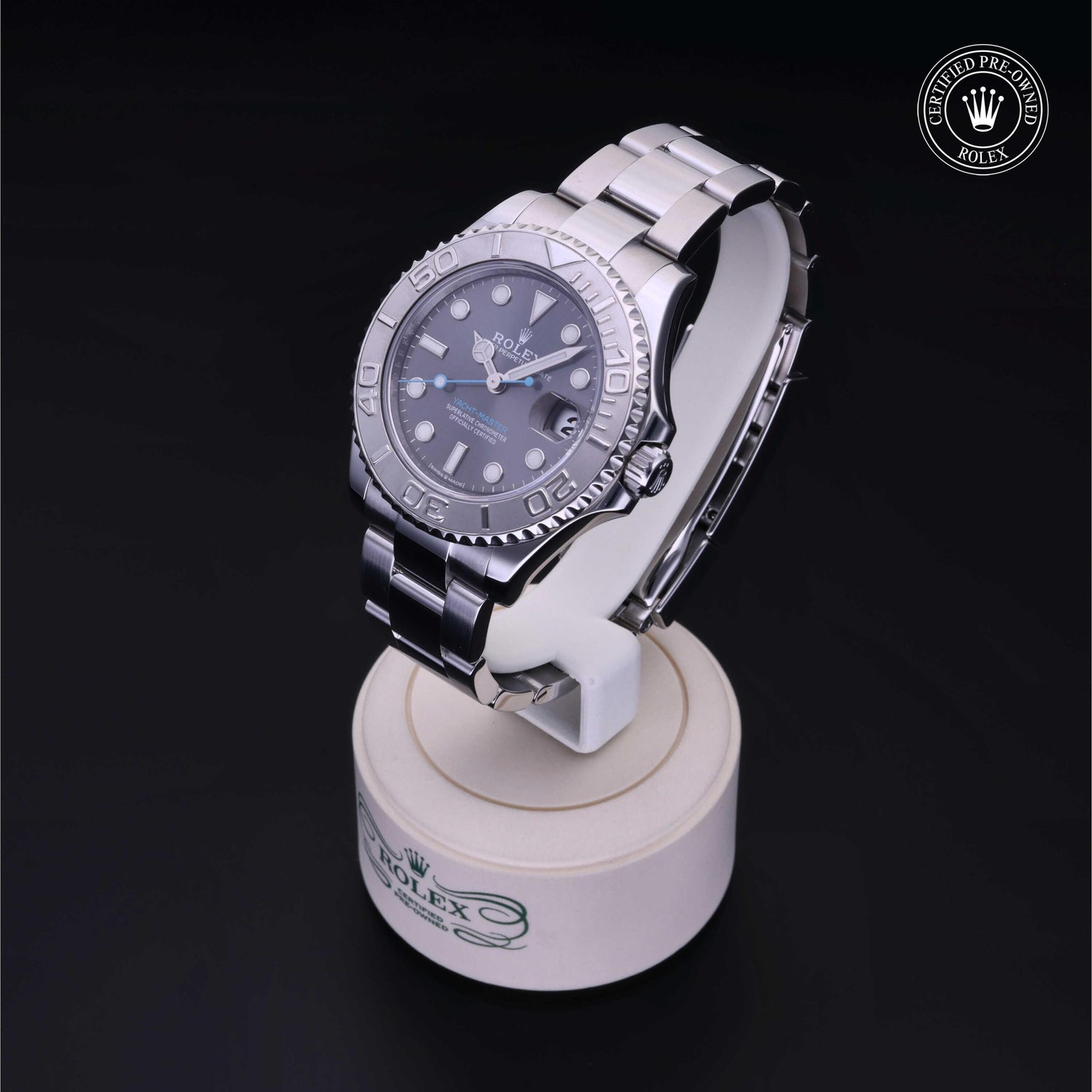 Rolex Certified Pre-owned Yacht-Master M268622-0002 front on black background