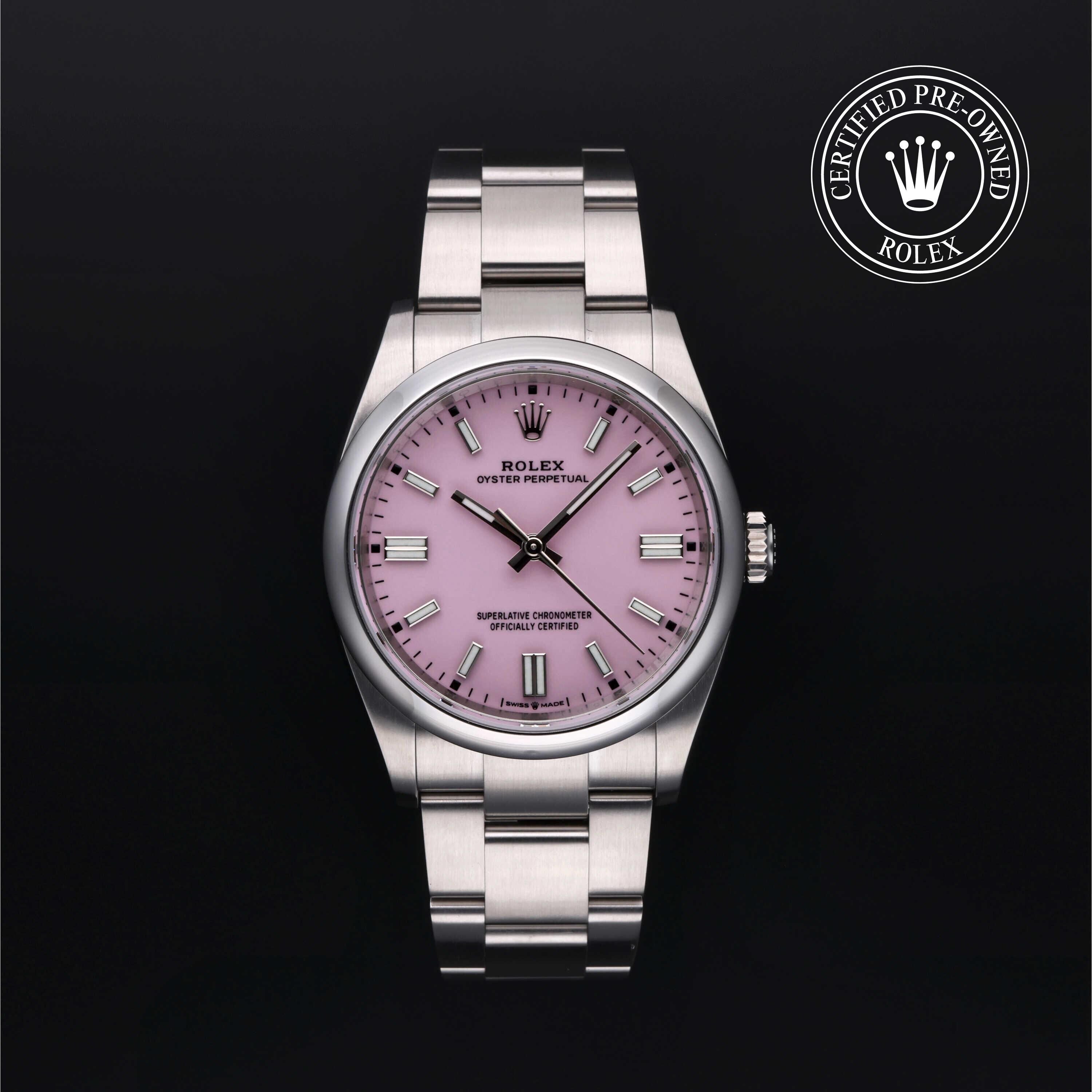 Rolex Certified Pre-owned Oyster Perpetual M126000-0008 front on black background