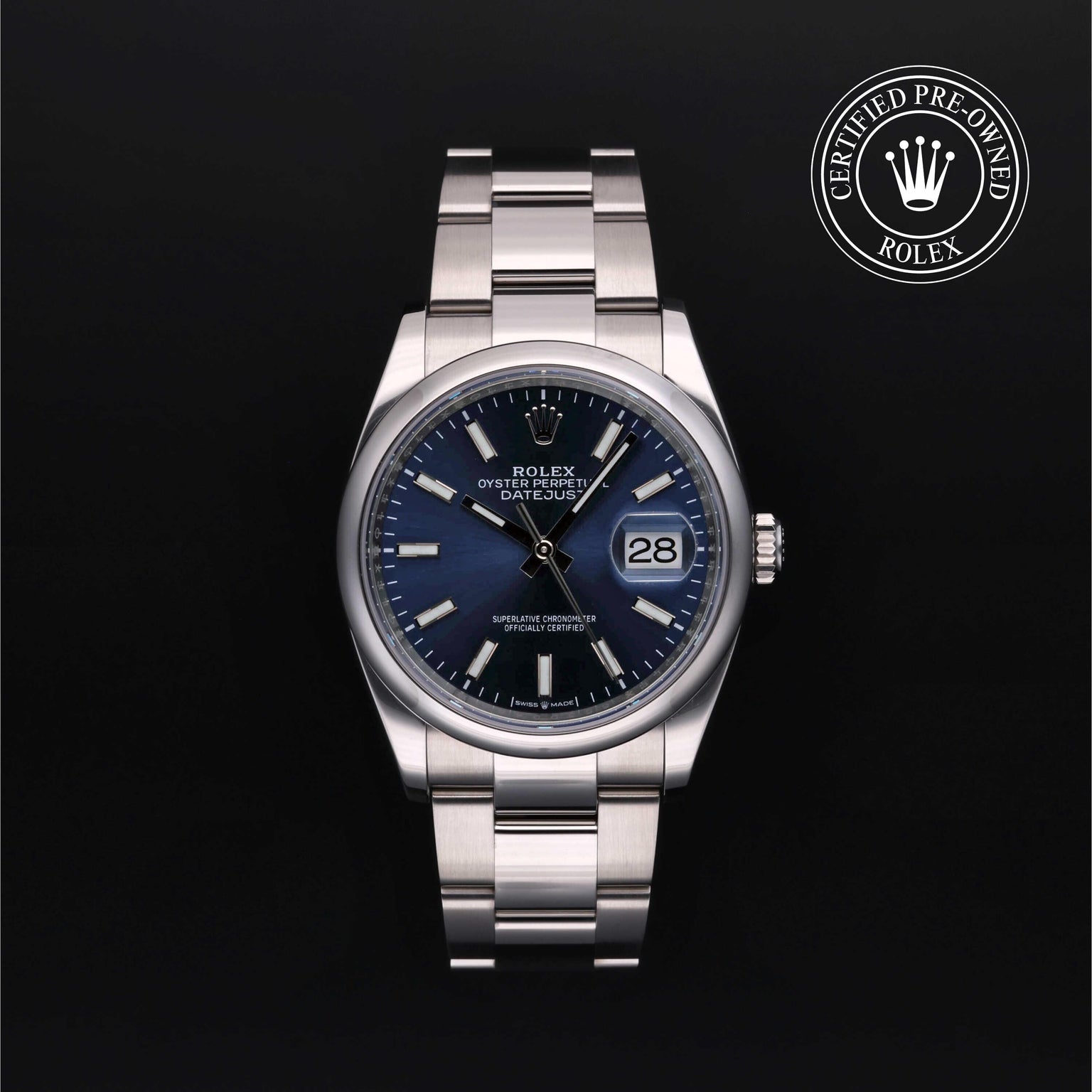 Rolex Certified Pre-owned Datejust M126200-0006 front on black background