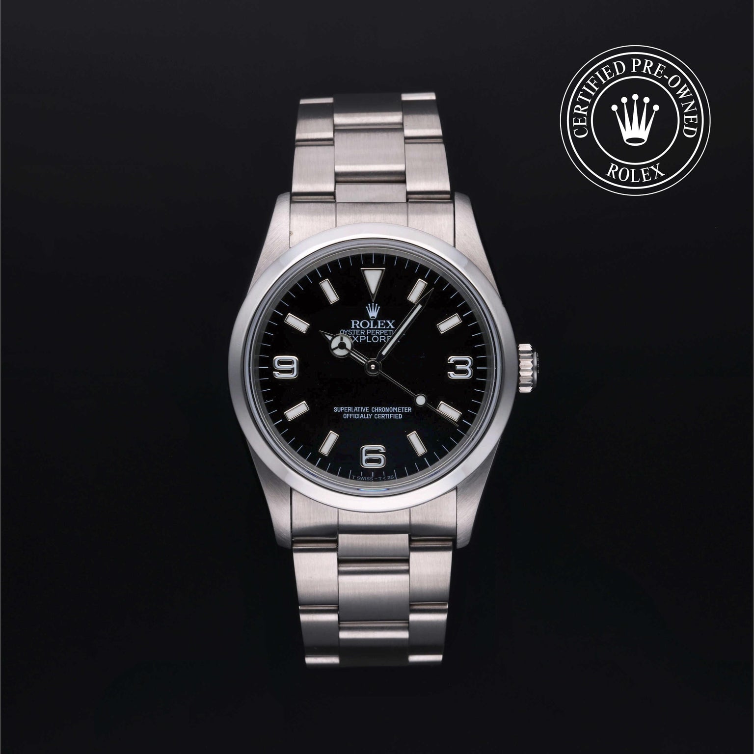 Rolex Certified Pre-owned Explorer M14270-0001 front on black background