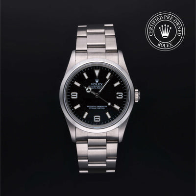 Rolex Certified Pre-owned Explorer M14270-0001 front on black background