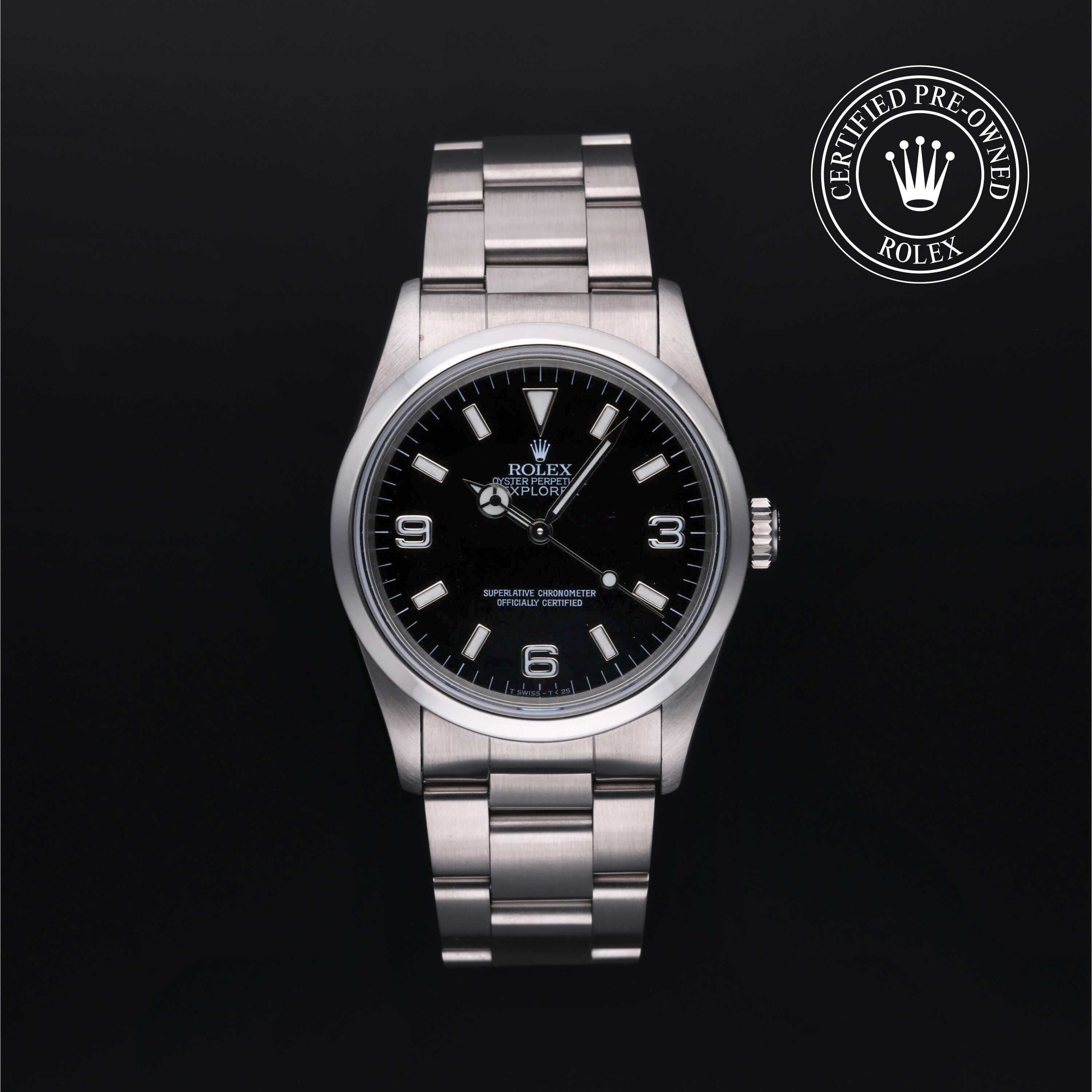 Rolex Certified Pre-owned Explorer M14270-0001 front on black background