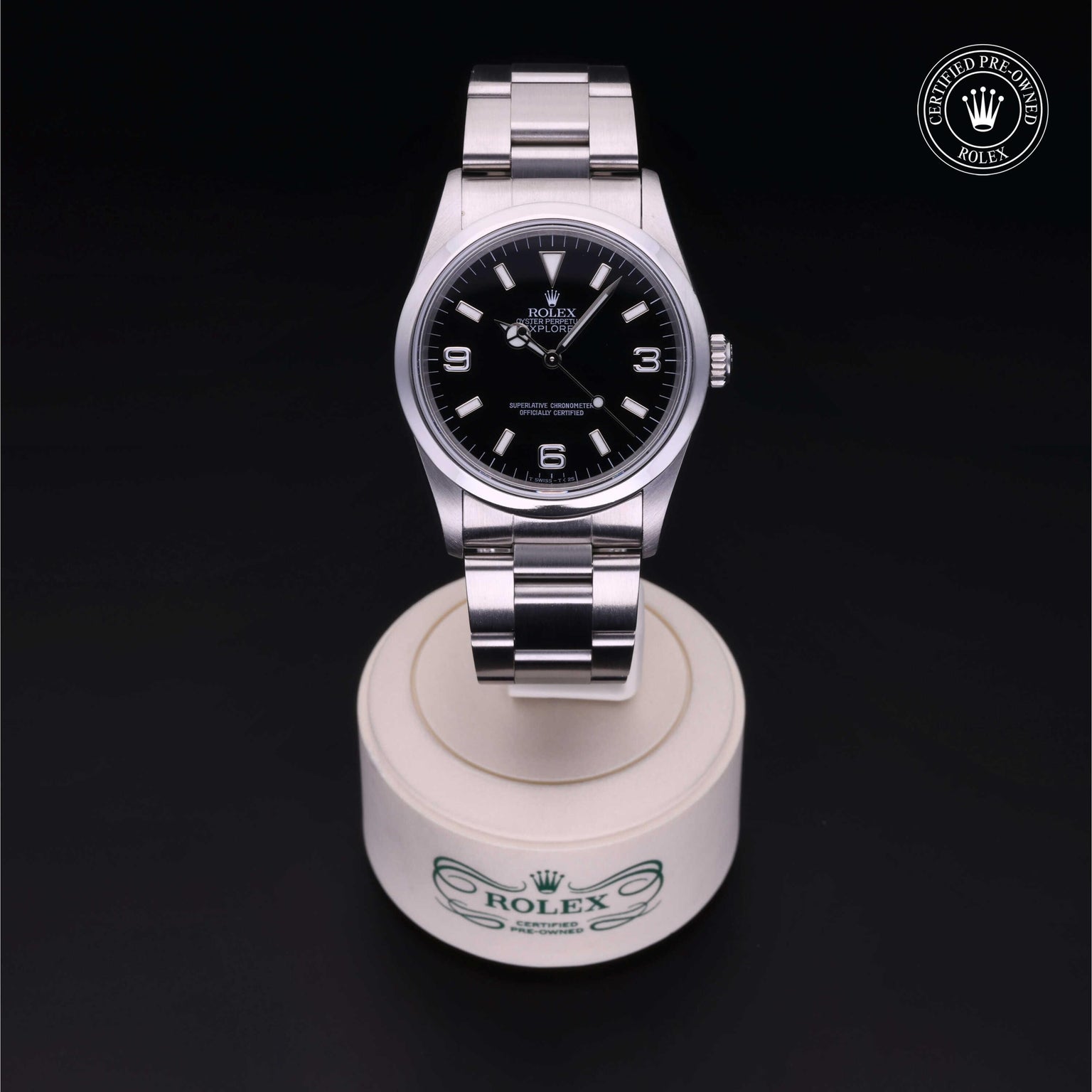 Rolex Certified Pre-owned Explorer M14270-0001 front on black background