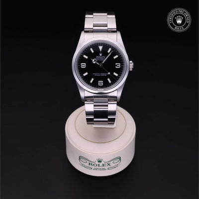 Rolex Certified Pre-owned Explorer M14270-0001 front on black background