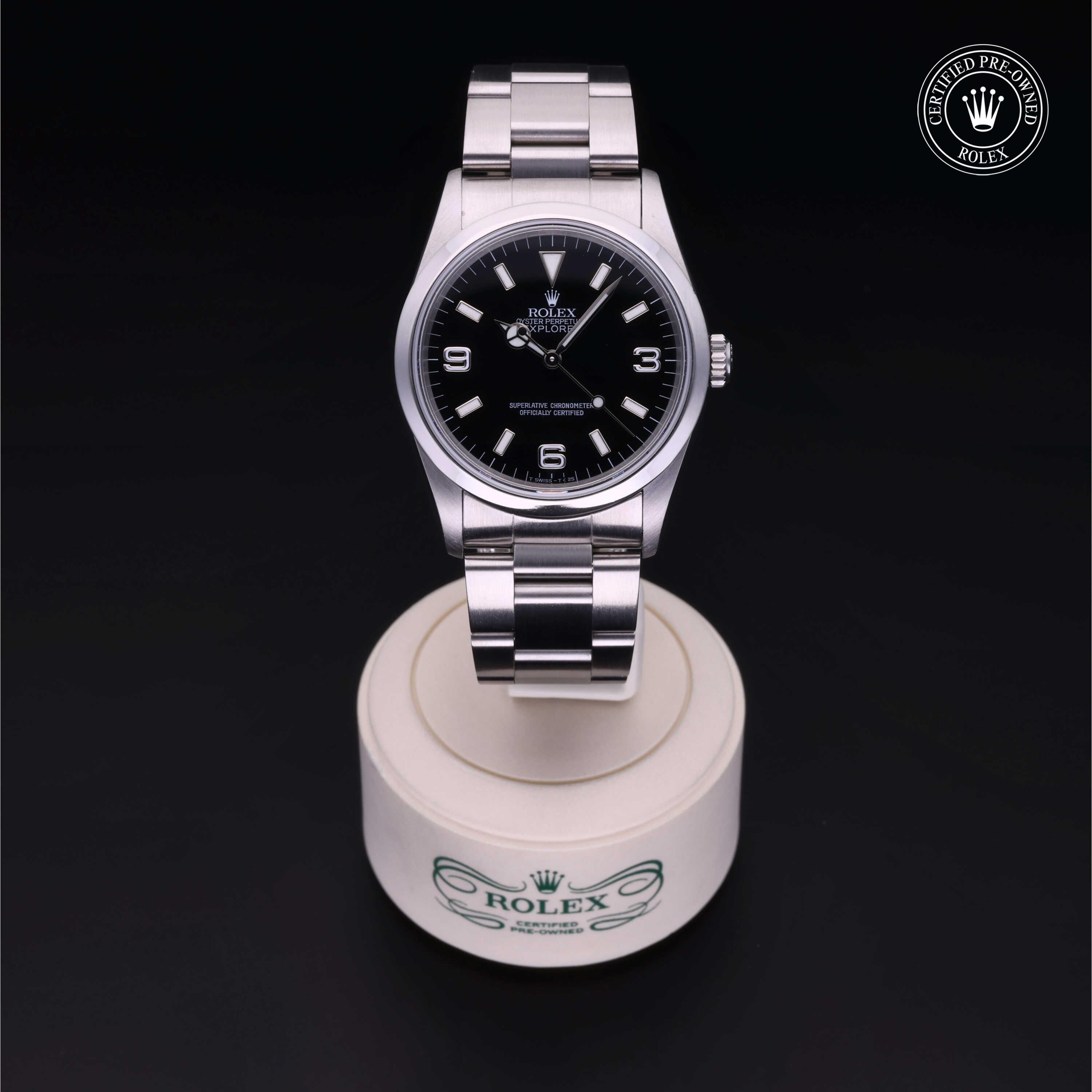 Rolex Certified Pre-owned Explorer M14270-0001 front on black background