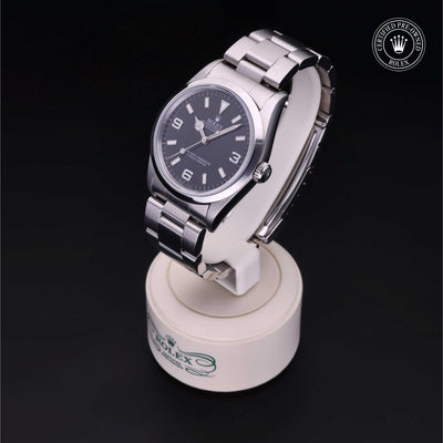 Rolex Certified Pre-owned Explorer M14270-0001 front on black background