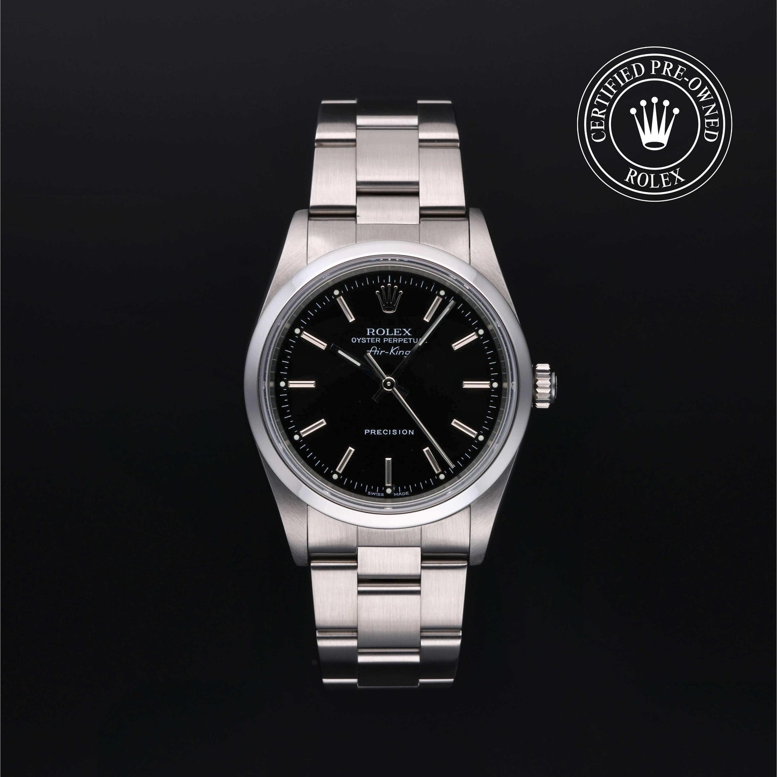 Rolex Certified Pre-owned Air-King M14000M-0009 front on black background