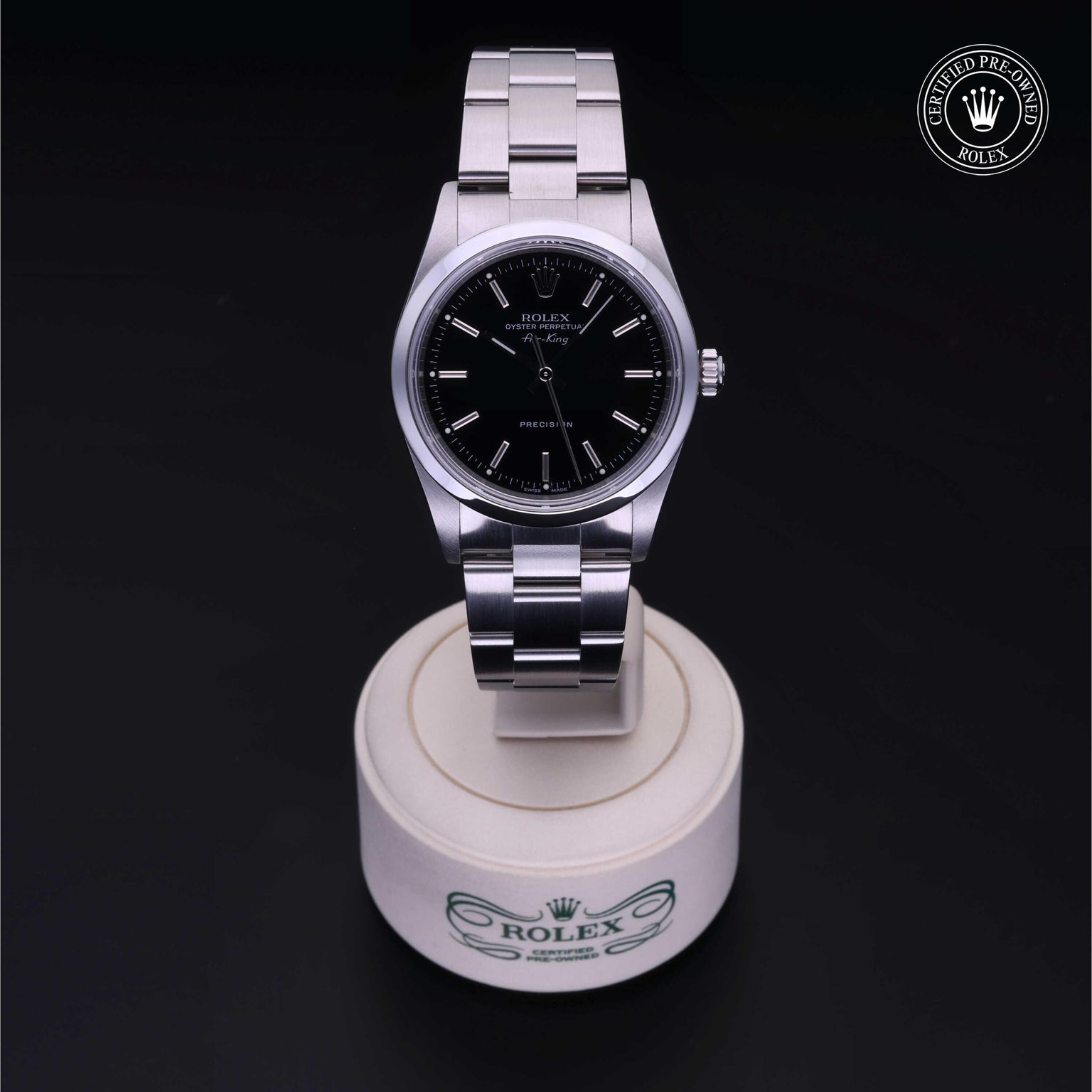 Rolex Certified Pre-owned Air-King M14000M-0009 front on black background