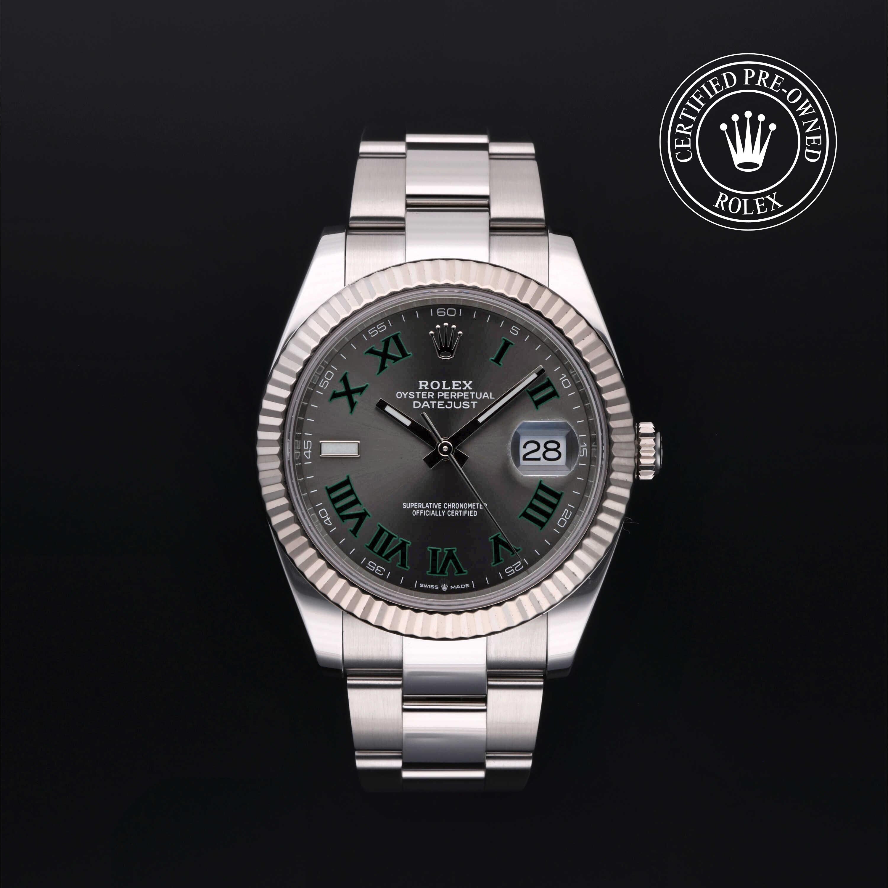 Rolex Certified Pre-owned Datejust M126334-0021 front on black background