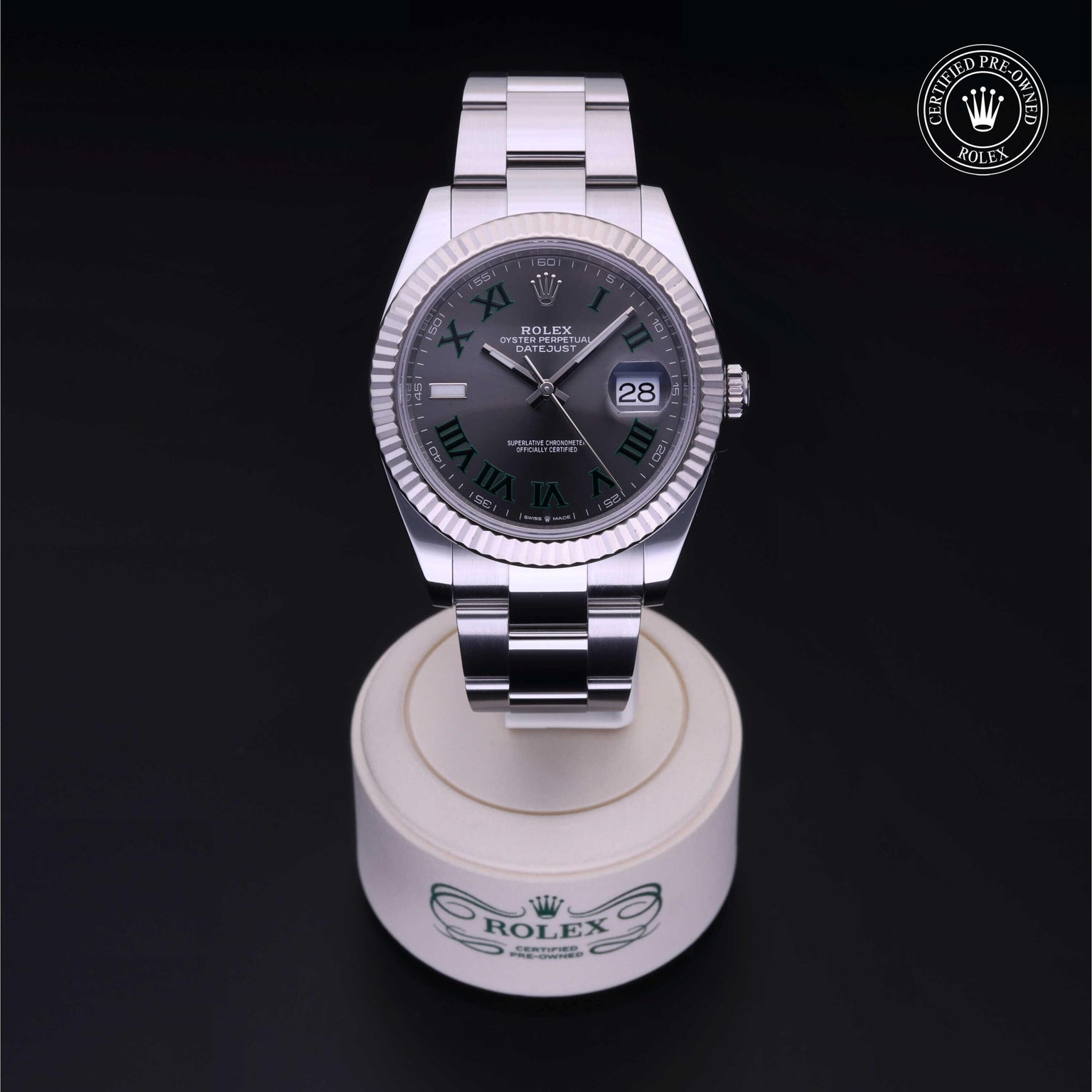 Rolex Certified Pre-owned Datejust M126334-0021 front on black background