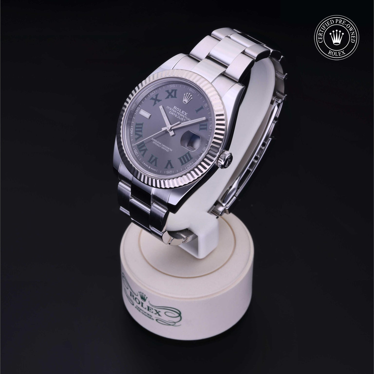 Rolex Certified Pre-owned Datejust M126334-0021 front on black background