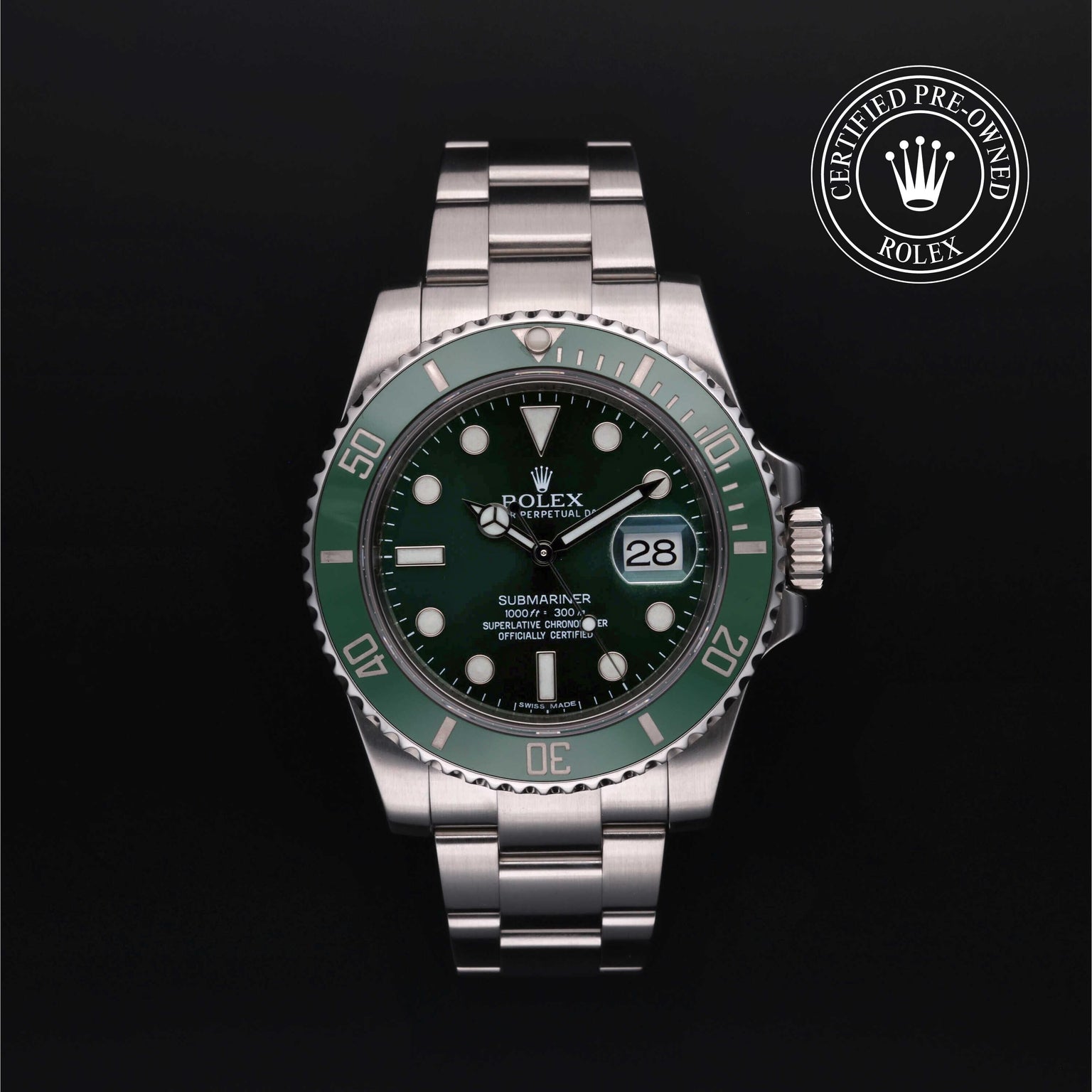 Rolex Certified Pre-owned Submariner M116610LV-0002 front on black background