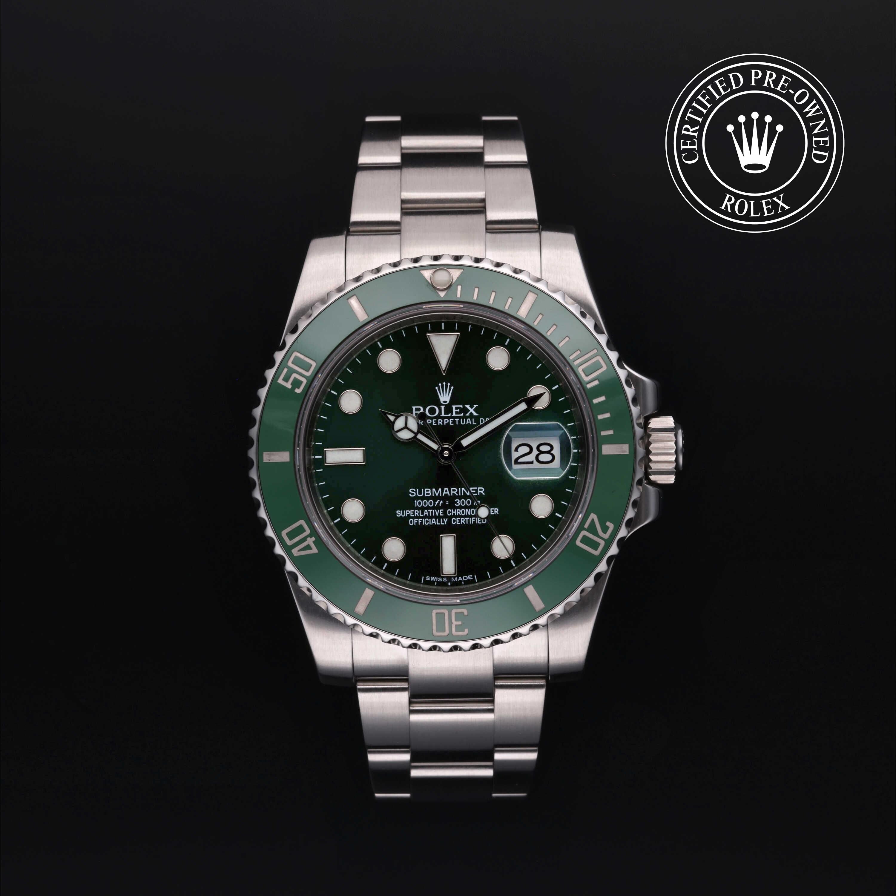 Rolex Certified Pre-owned Submariner M116610LV-0002 front on black background