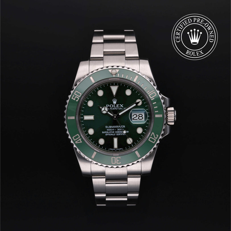 Rolex Certified Pre-owned Submariner M116610LV-0002 front on black background