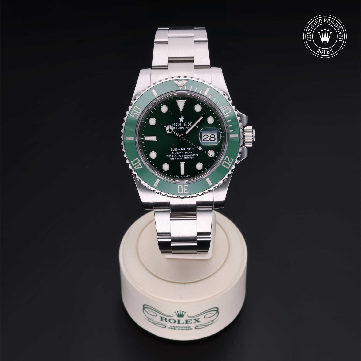 Rolex Certified Pre-owned Submariner M116610LV-0002 front on black background