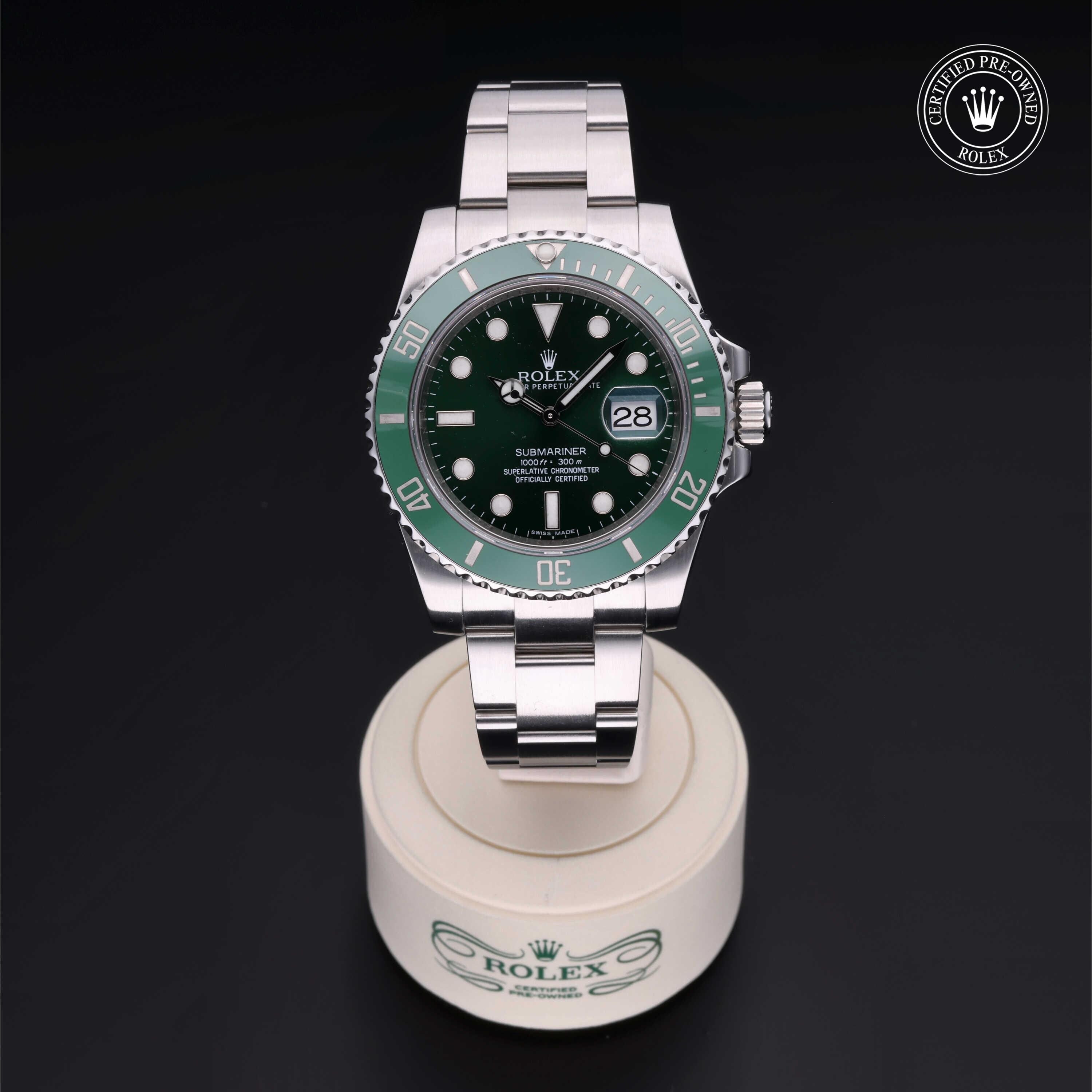 Rolex Certified Pre-owned Submariner M116610LV-0002 front on black background