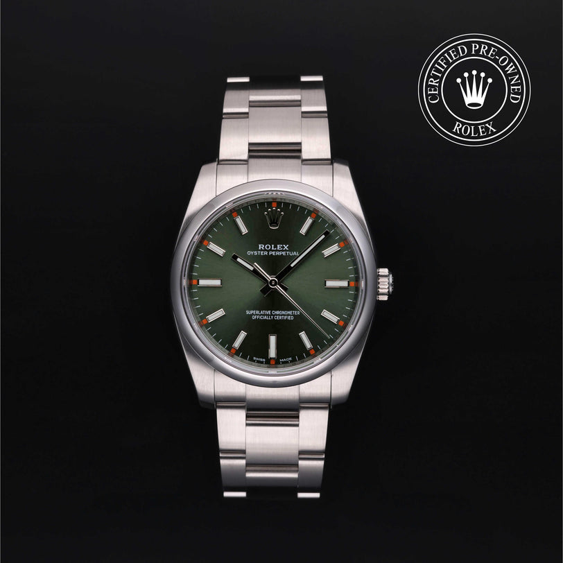 Rolex Certified Pre-owned Air-King M114200-0021 front on black background