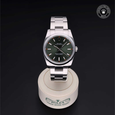 Rolex Certified Pre-owned Air-King M114200-0021 front on black background