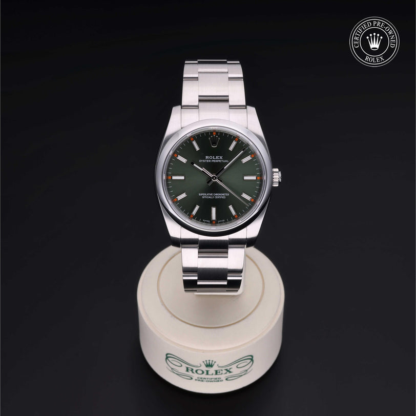 Rolex Certified Pre-owned Air-King M114200-0021 front on black background