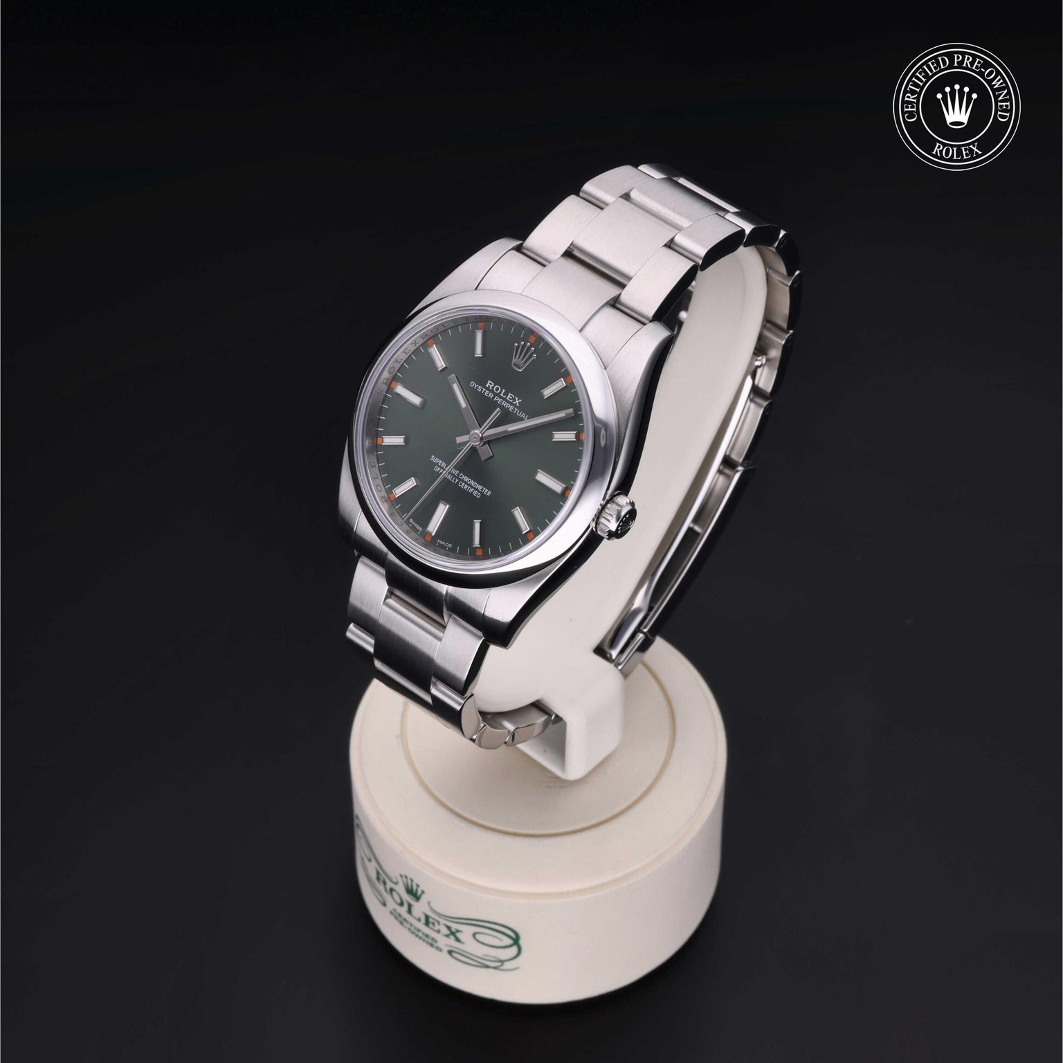 Rolex Certified Pre-owned Air-King M114200-0021 front on black background