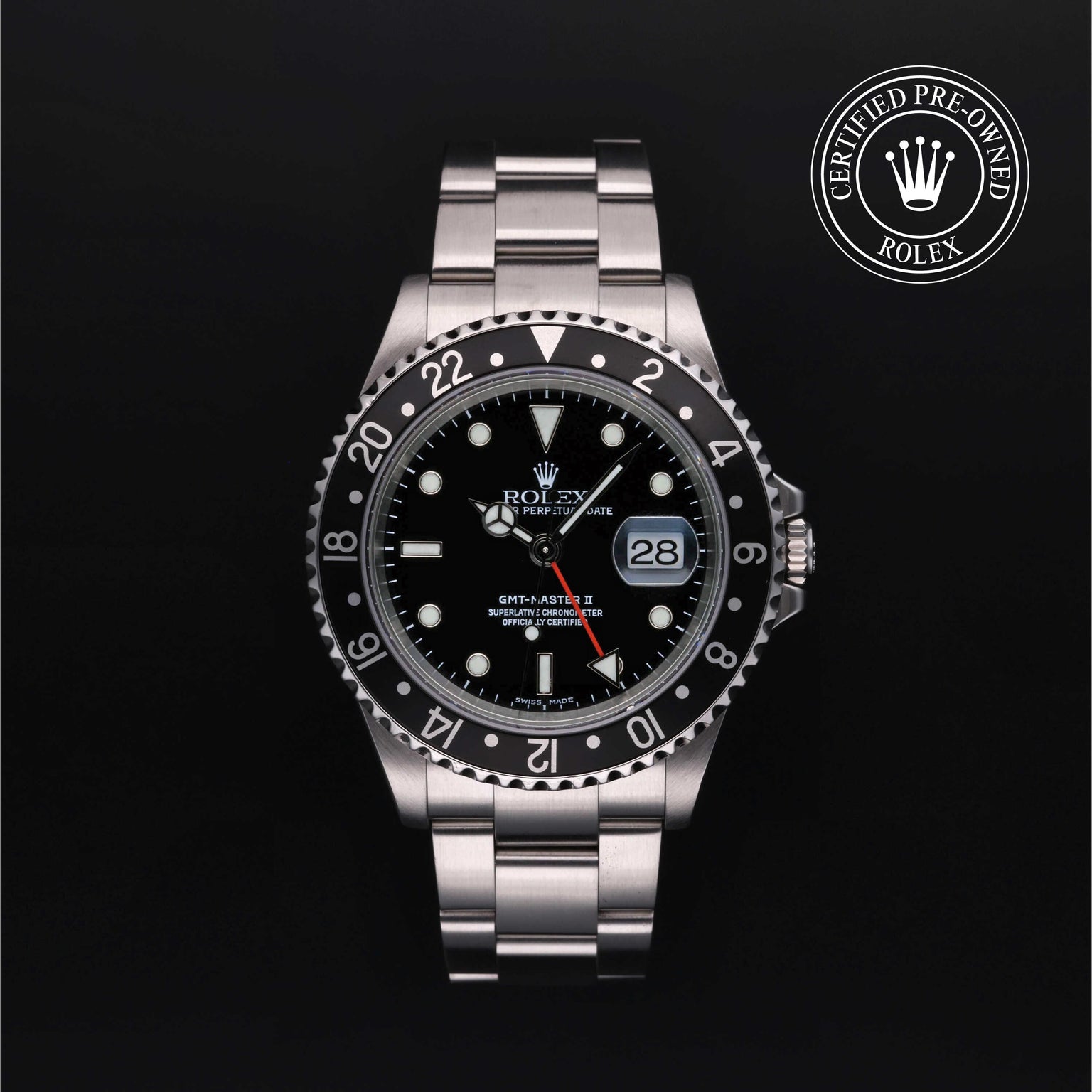 Rolex CPO GMT M16710LN front on white background