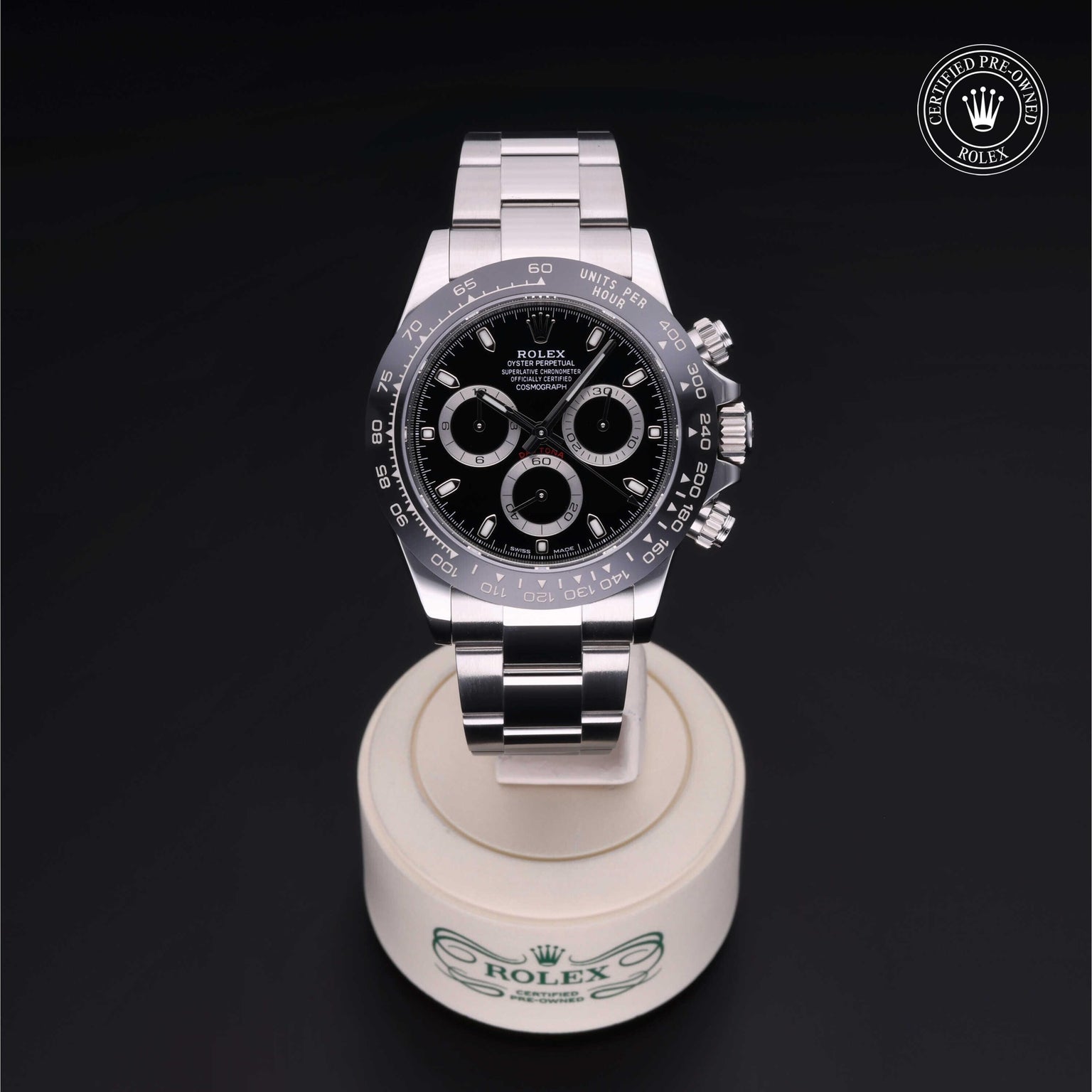 Rolex CPO Daytona M116500LN front on white background